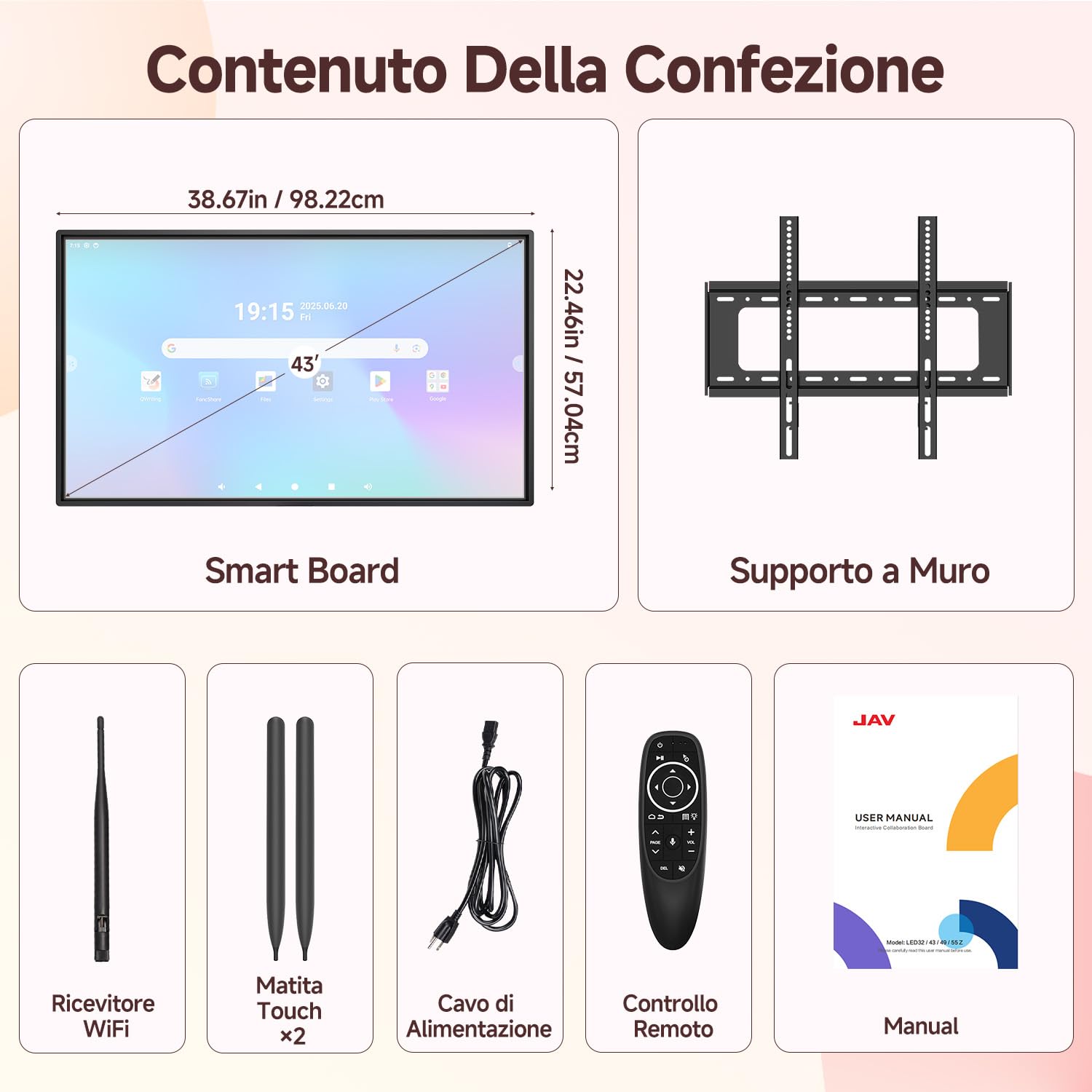 JAV Lavagna Interattiva 43 Pollici Smart Board Certificazione Google EDLA Ruotabile Monitor Intelligente 8+128GB Lavagna Digitale Elettronica per Ufficio Aula Live Streaming (Staffa Parete Inclusa)