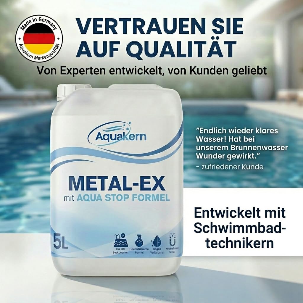 Metal Ex Pool 2x5L [entfernt braunes Poolwasser] mit Aqua Stop-Formel | Schützt die Pooltechnik | entfernt Metall- & Kalkablagerungen an Wänden | Rostentferner Pool | Made in Germany