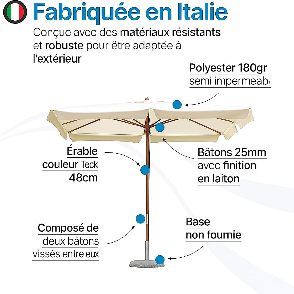Tomaino - Parasol de jardin 3 x 4 m avec double poulie et bâche résistante aux UV et coupe-vent 210 g, écru, 3x4