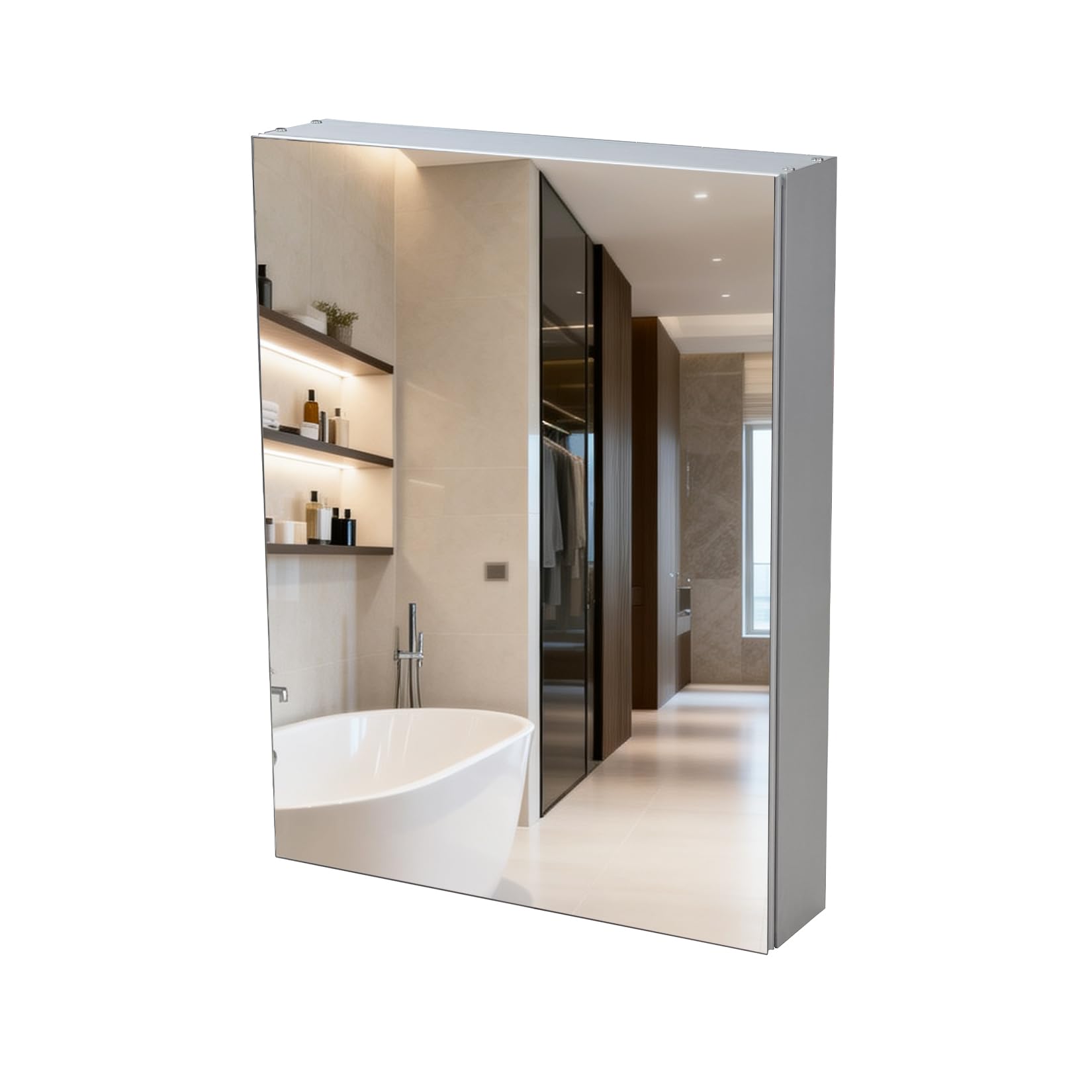 Botiquín de baño de 50 x 66 cm con espejo, marco de aluminio, ligero, resistente y atractivo, adecuado para empotrar o montar en la pared, estantes ajustables, vidrio templado, requiere