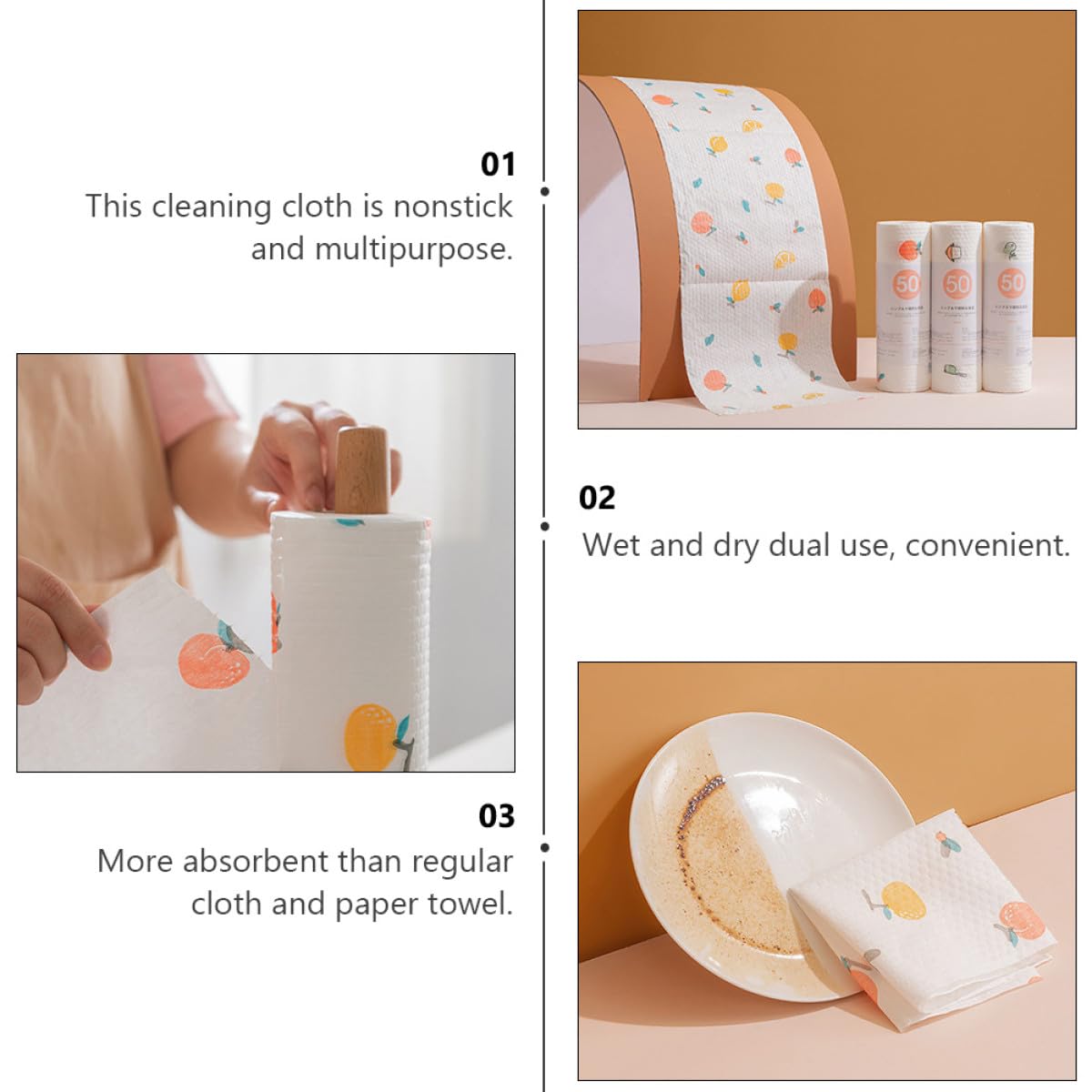 Cabilock Paños de Cocina Desechables Multifuncionales de Pulpa de Madera y Poliéster, 4 Rollos para Limpiar Ventanas y Suelos en Lavado de Platos y Limpieza Rápida Varios Estilos