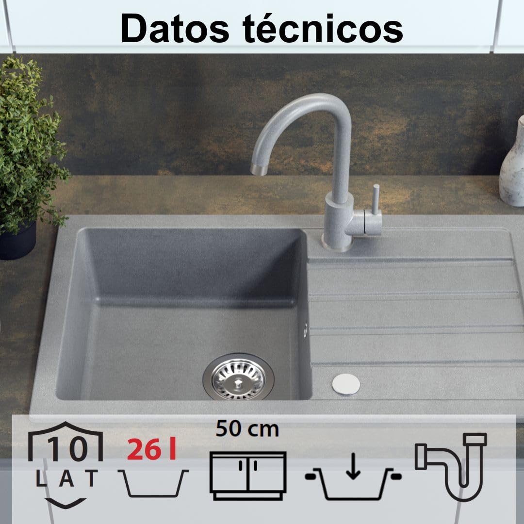 QUADRON Fregadero de cocina de granito con cubeta simple, dimensiones 77 x 44 x 17,5, color: beige, JERRY 111 Fregadero con cubeta simple, fregadero de granito, con sifón y desagüe manual