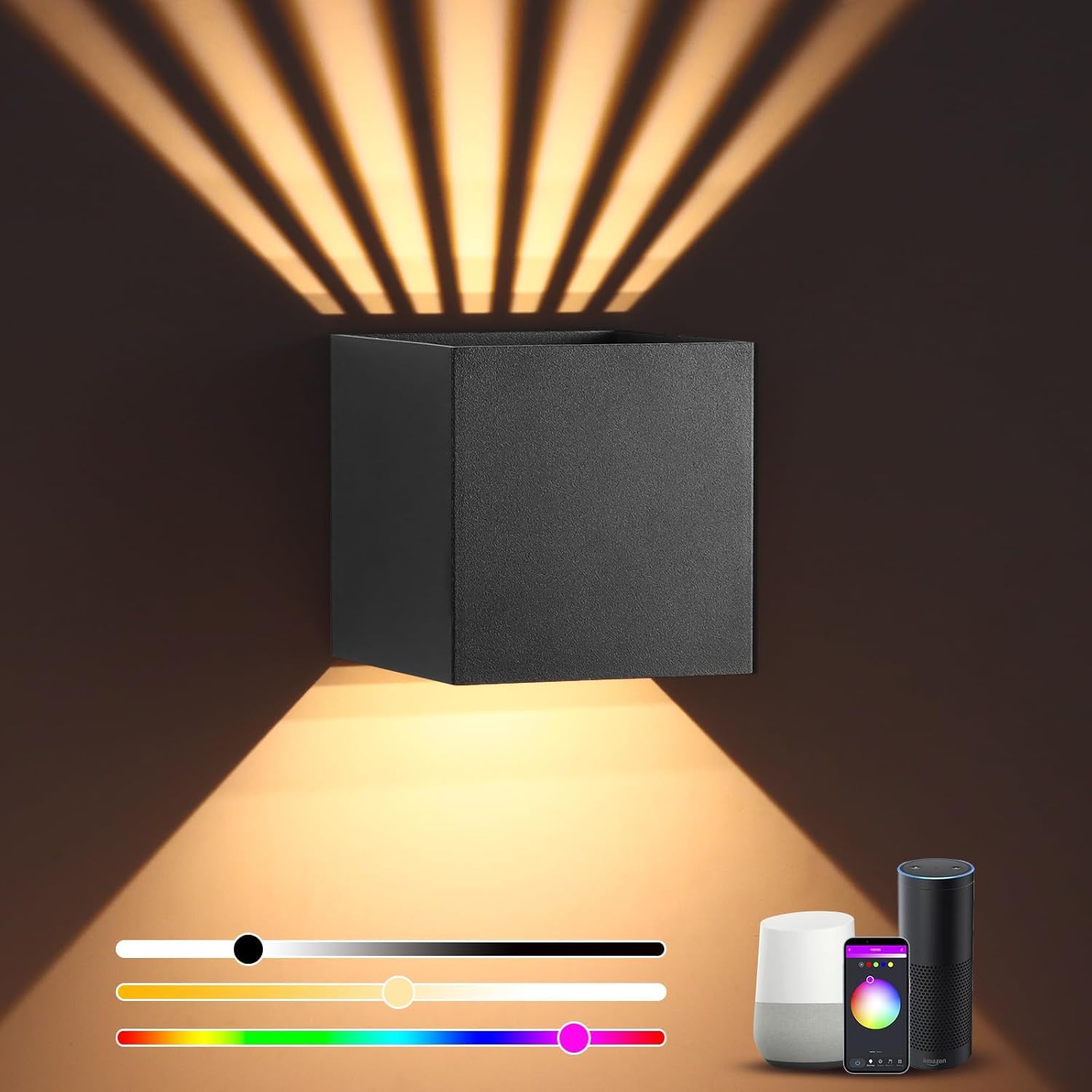 OurLeeme RGB Smart LED Wall Light Indoor Outdoor, Warm White Up and Down Dimmable Cube RGB App Tuya WiFi LED Smart Wall Lamps, IP65 Waterproof for Living Room Hallway Bedroom Garden Porch Courtyard