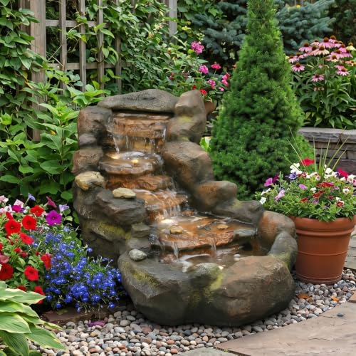 Image of Sunlinua 42 inch L Outdoor Water Fountain with 5Tiers Cascading Realistic Rock Waterfall Fountains with LED Lights Outdoor Water Fountain for Garden Patio Backyard Porch Home Decor