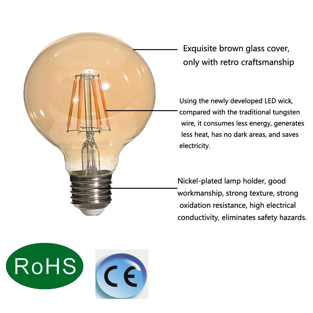 Lampadina G80 Edison Non dimmerabile Lampadina E27 a Vite in Vetro Ambrato,Lampadine a Filamento Retrò 600LM Bianco Caldo Morbido 2700K,6W(Equivalente a Incandescenza da 60W)6 Confezione