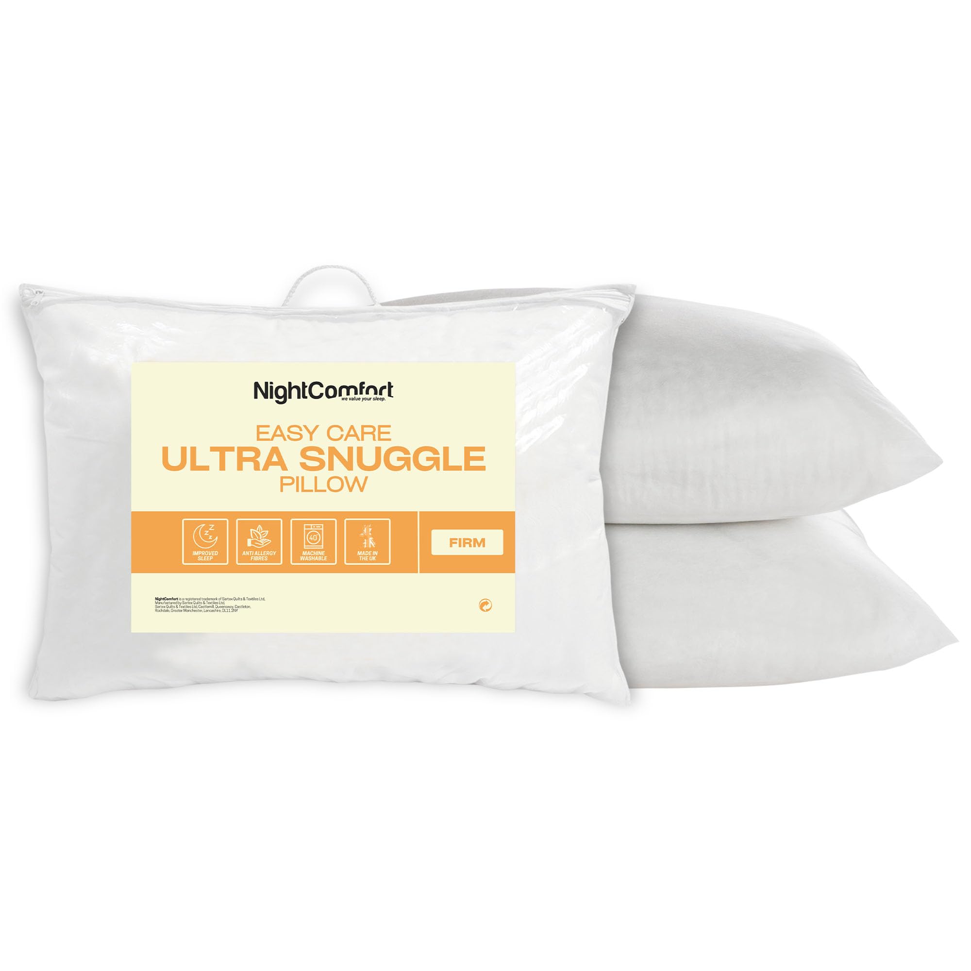 Night Comfort Ultra Snuggle Hotel Quality White Pillow Pack of 2 - Hypoallergenic Firm Support Waterproof Pillows for Side Sleepers Filled with Bouncy Hollowfibre Big Pillows for Bed