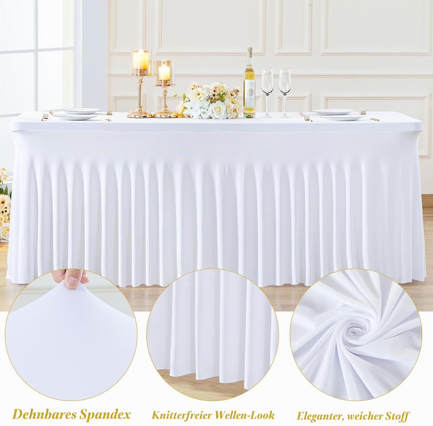 2-Pack Weiß Spandex Elastisch Tischdecke mit Rock, Faltenfreie Fitted 1.8m Rechteck Tische Weißer Stretch Tischdecken für Parteien Hochzeiten Geburtstag Bankett Baby Dusche