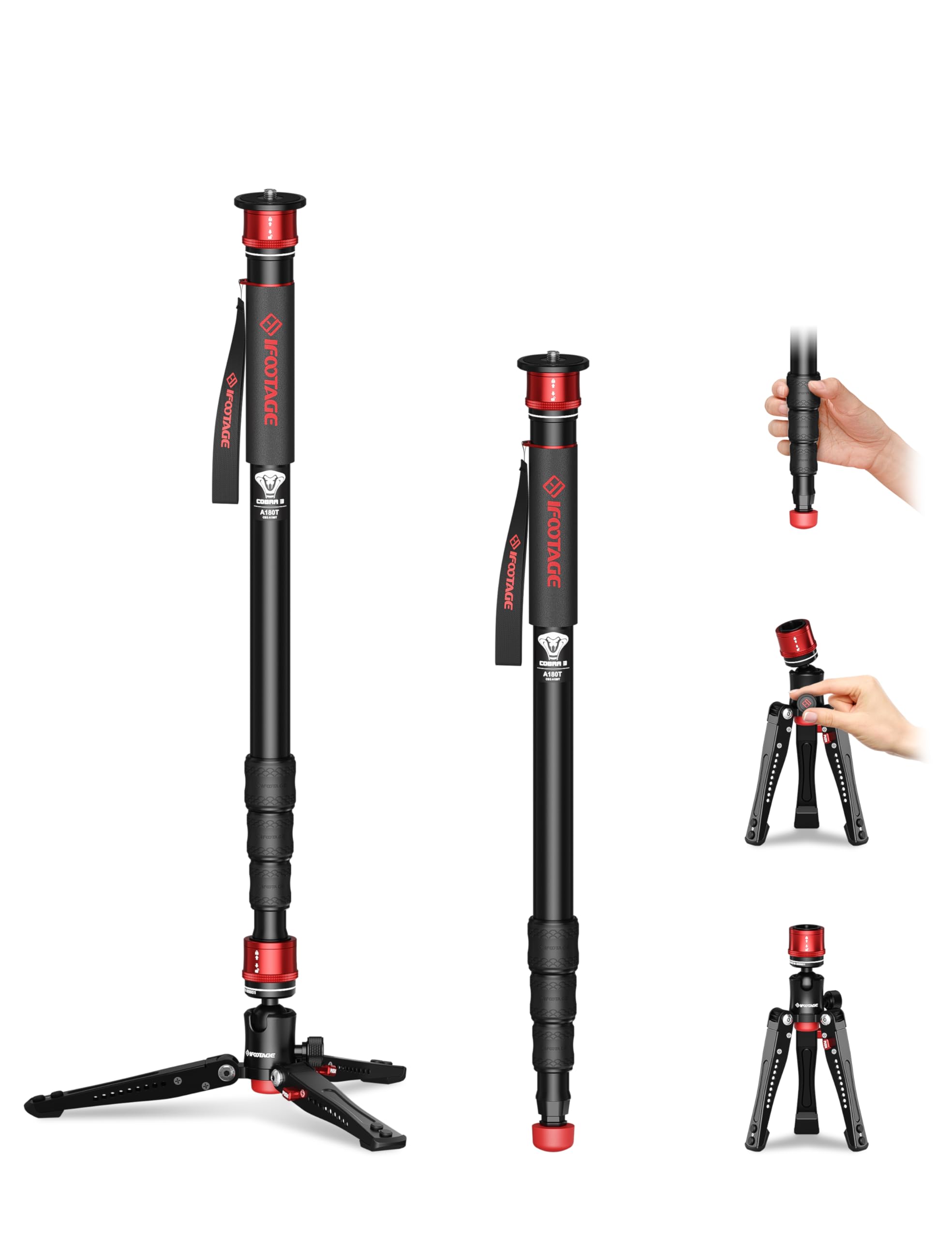IFOOTAGE Monopod for Camera Cobra 3 A180T, 71" Camera Monopod with Feet, Aluminum Monopods Cameras Stand Compatible with Sony Canon Nikon DSLR,