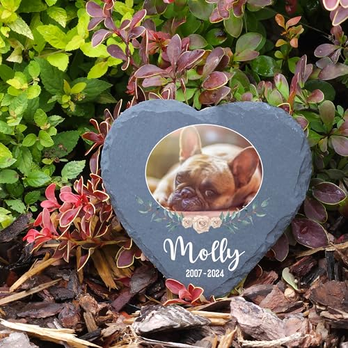 TULLUN Individueller Personalisiert Herzform Tiergrabstein Schiefer Natürlich Gedenkstein für Hund, Katze und andere Haustiere Tiere - Größe | 10 x 10 cm | - Blumenrahmen-Foto