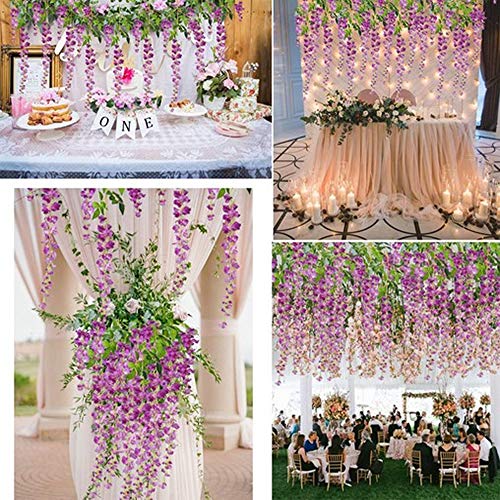 Lmeison 24 Pack Artificial Fake Wisteria Vine (3.6 Feet) Purple Red Wisteria Hanging Flowers Rattan Hanging Garland Silk Flowers String For Wedding Party Garden Greenery Home Wall Decor #TOP4