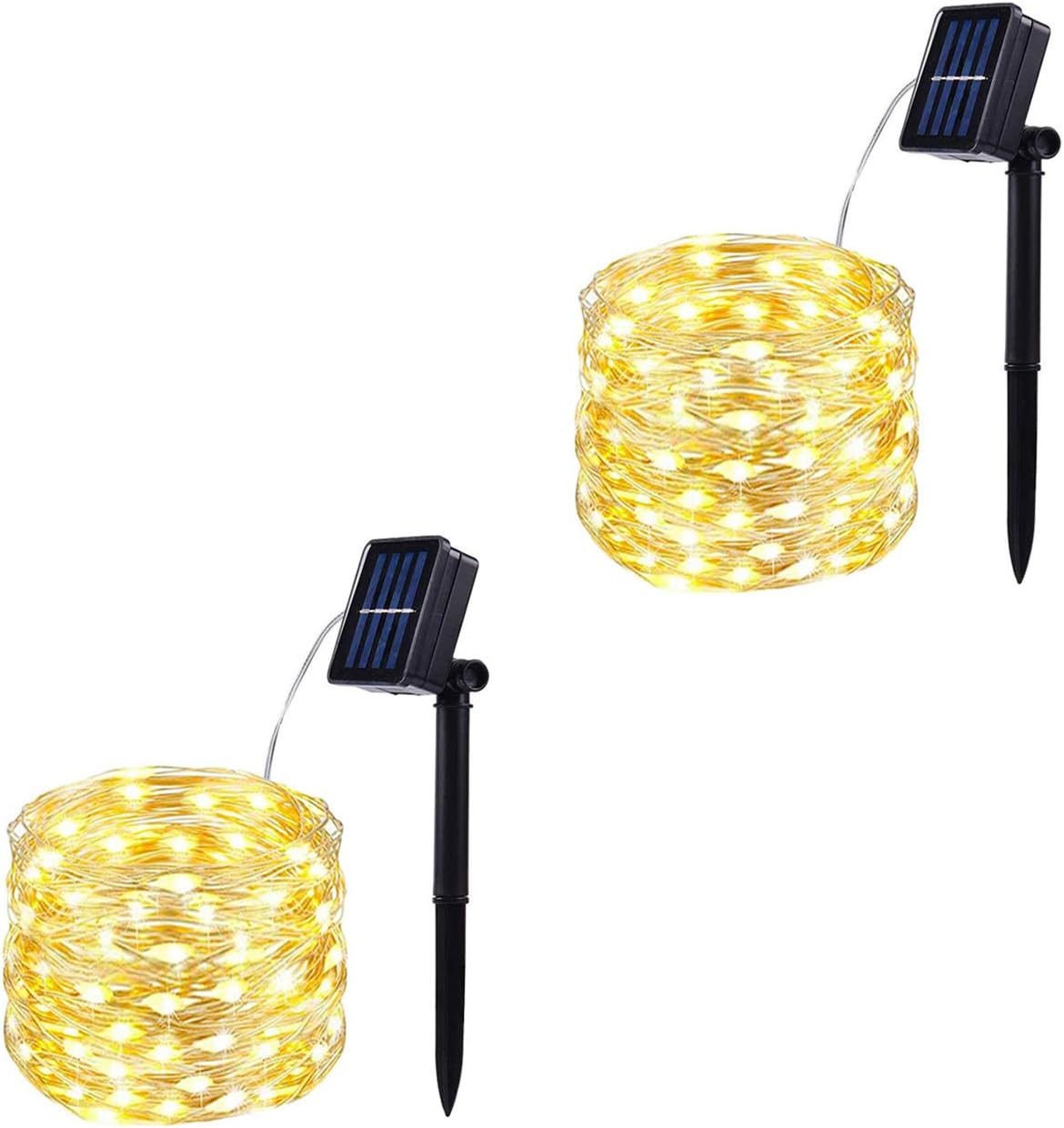 Baimo 2 Pack 100 LED 8 Modes Solar String Lights, 33ft Waterproof Silver Copper Wire Fairy Lights for Christmas, Garden, Patio, Party, Yard, Indoor Outdoor (Warm White)