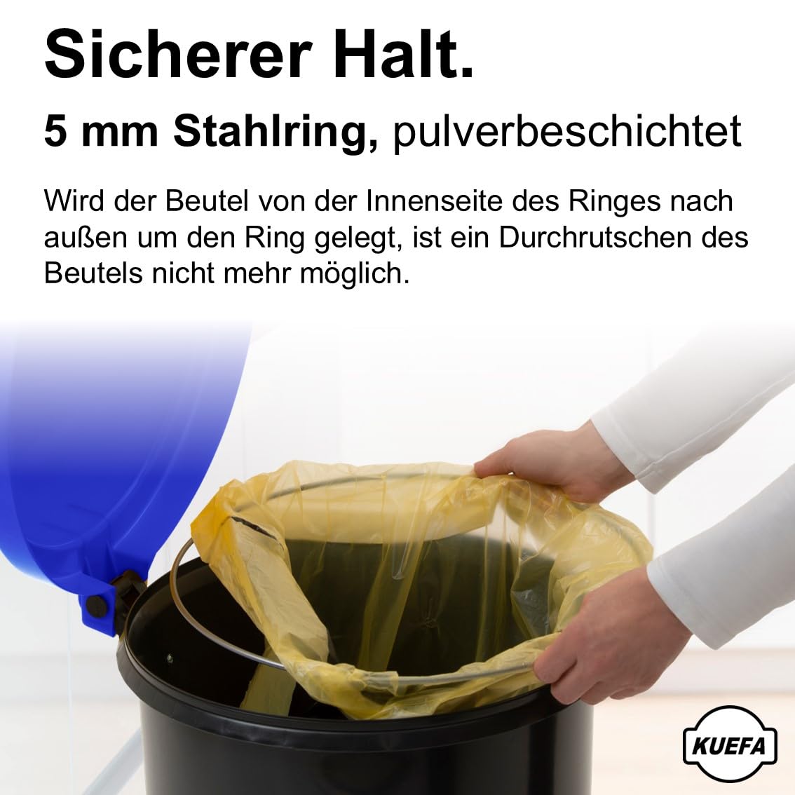 KUEFA HD 60L Müllsackständer Mülleimer mit Scharnierdeckel und Klemm-Ring Gelber Sack Blau