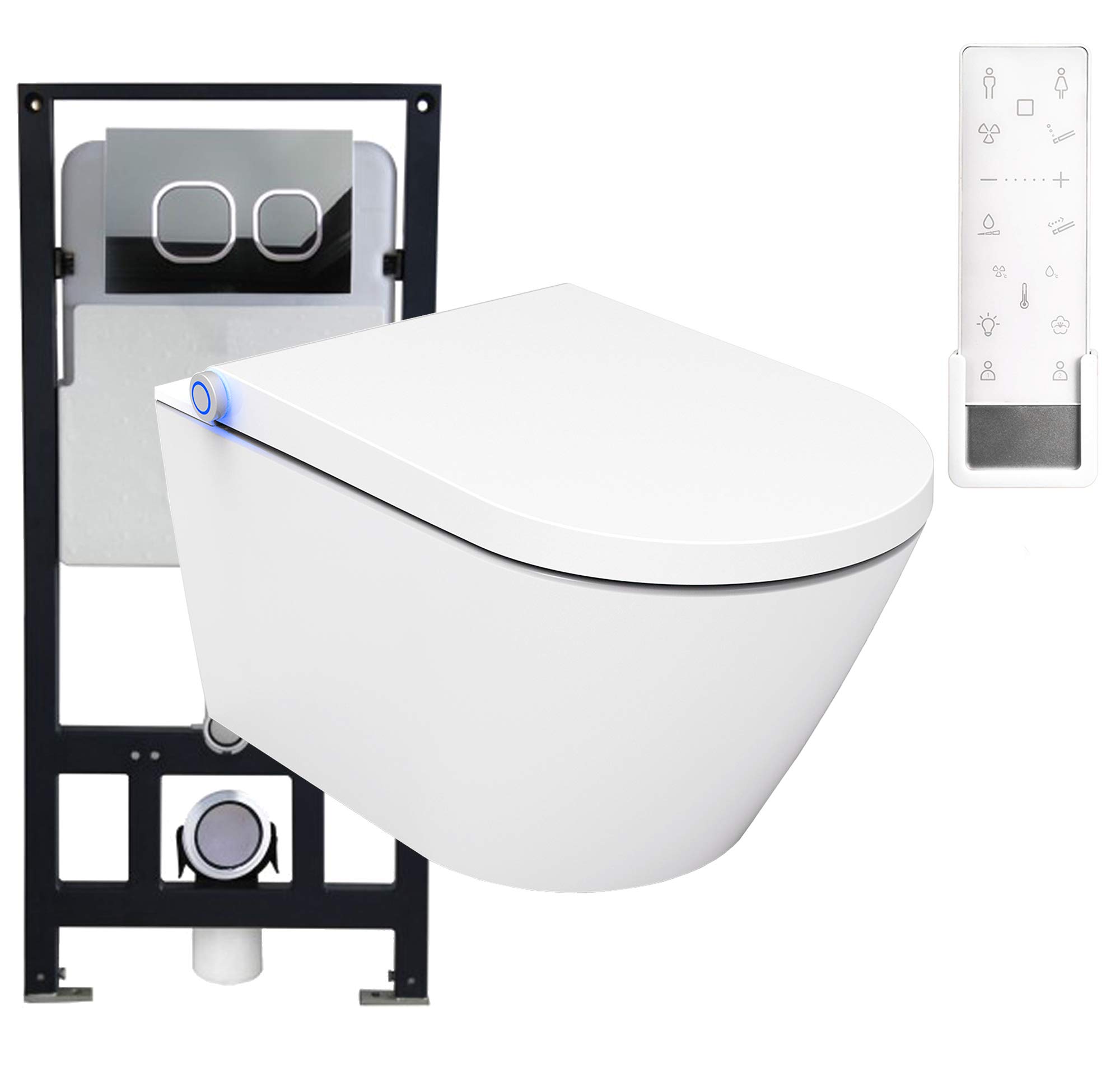 BERNSTEIN - Pack WC japonais + Bâti-support plaque Blanc mat, Toilettes suspendu lavant céramique + télécommande, jet douche, séchoir air chaud, filtre à odeurs, Chasse 180°, 59x38x38cm - Pro+1102