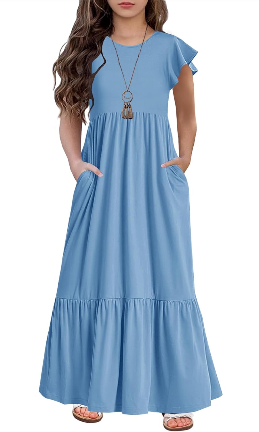 HOSIKA Girls Summer Ruffle Short Sleeve Crew Neck Loose Casual Flowy Tiered Maxi Dress with Pockets for 6-12 Y