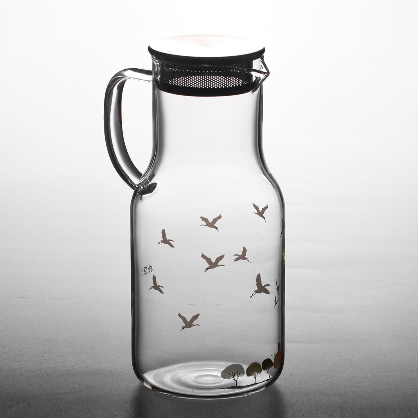 Glass Pitcher with Lid and Handle, Clear Glass Water Carafe with Bird and Tree Design, Decorative Beverage Jug with Strainer