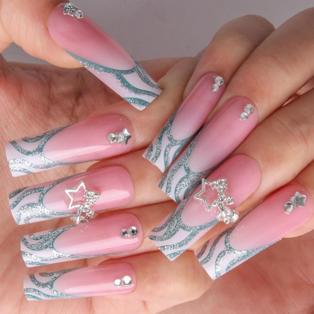GlamRays 24 Pieces French Tip Press On Nails Ballerina Fake Nails Full Cover Sticker Nails with Rhinestones Star Acrylic Nails