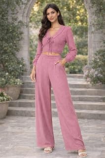 DNEXT Women's Ribbed Knit Co-ord Set, Purple, Long Sleeve Crop Top with Wide Leg Pants, Two Piece Outfit Price In India