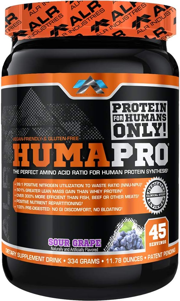 ALR Industries Humapro | Amino Acids Protein Matrix for Humans | 99% Utilization for Lean Muscle | Vegan, Gluten Free | 334g / 45 Servings (Sour Grape)