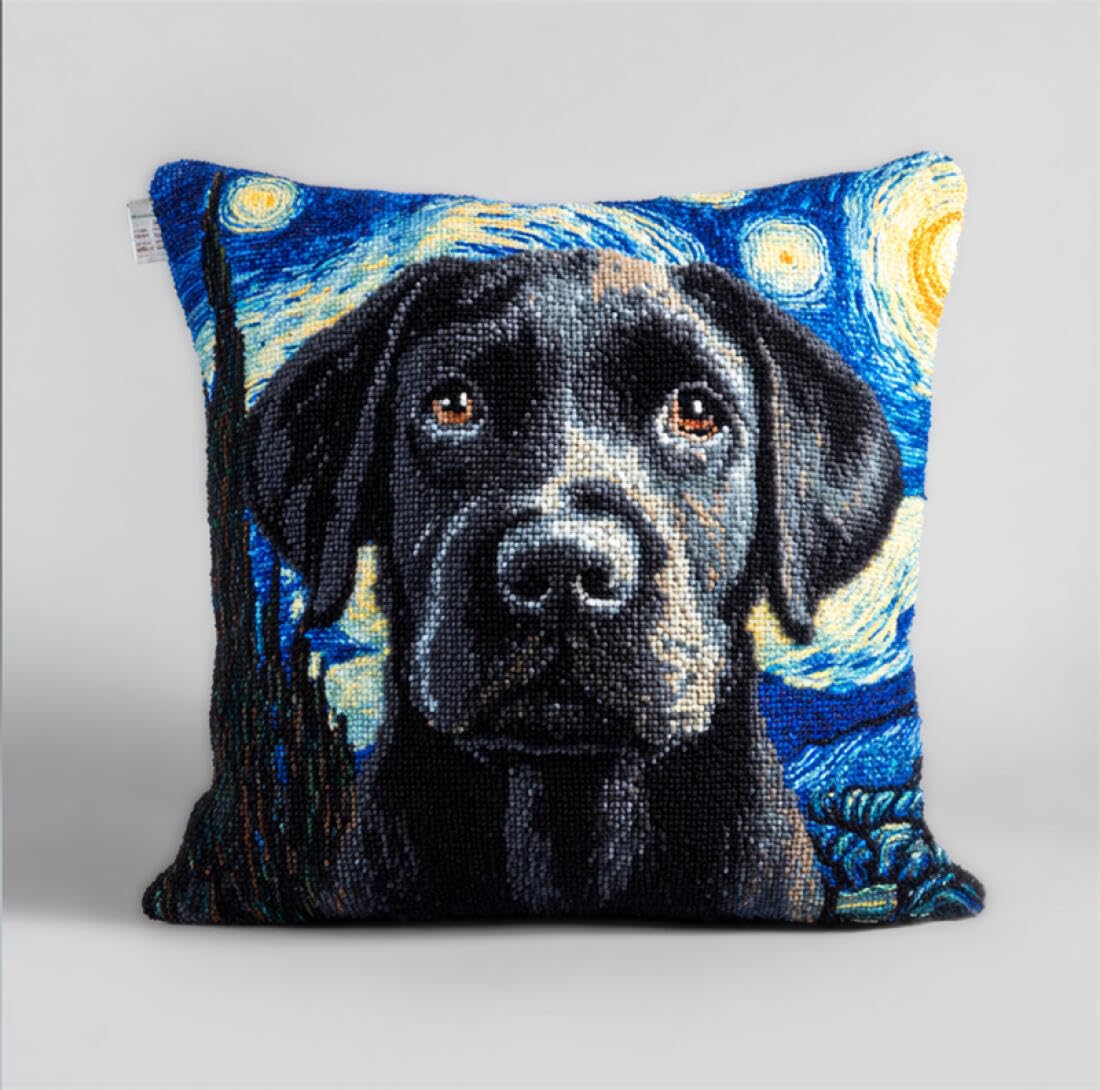 Kitquiver Animal Latch Hook Cushion Set Labrador Retrievers and The Starry Sky Latch Hook Kit Pillow DIY Rug Crochet Hook Cushion Making Kits with Preprinted Pattern Canvas 17x17In