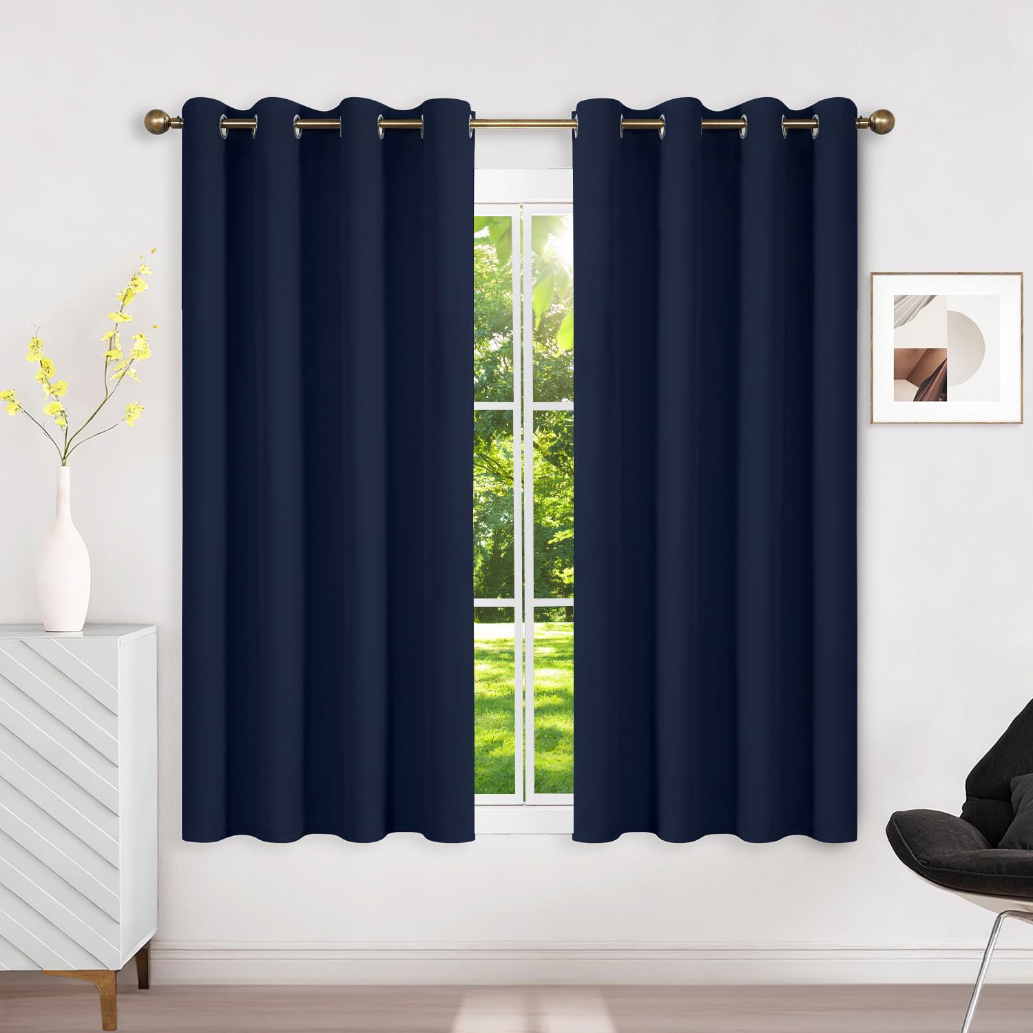Runyéla Blackout Curtains for Bedroom Eyelet 46 x 54 Inch Drop Thermal Black Out Curtain for Living Room Kitchen, 2 Panels, Navy Blue