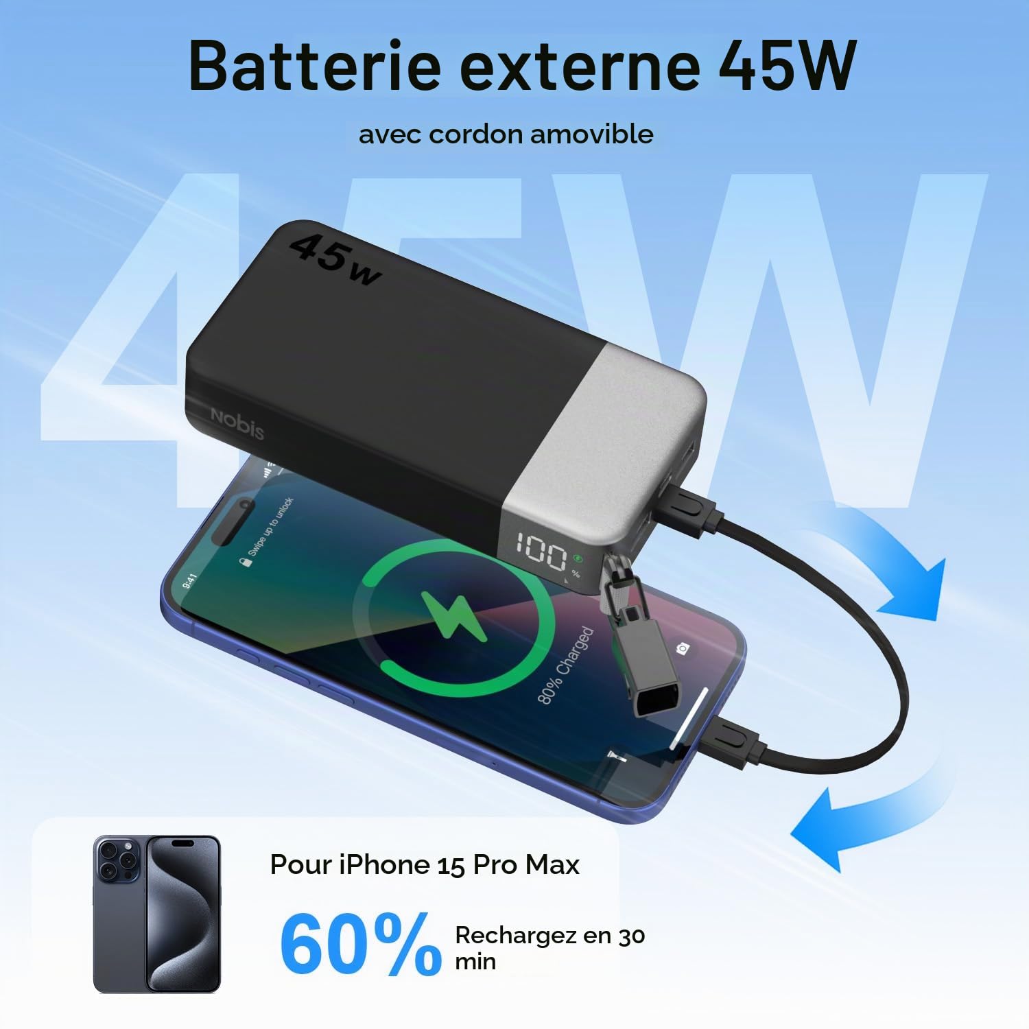 NOBIS Batterie Externe 20000mAh 45W Bidirectionnelle avec Câble Détachable