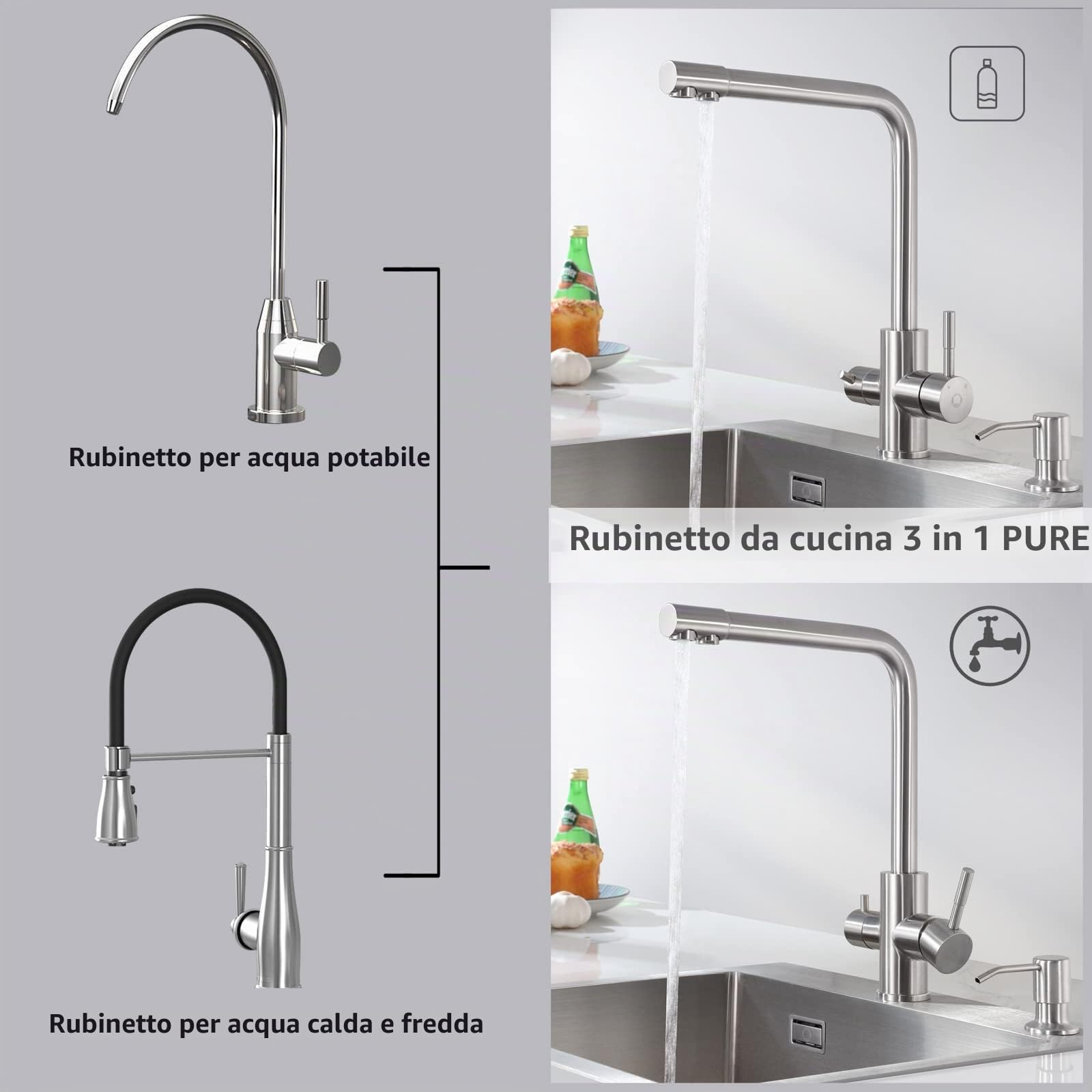 CECIPA PURE-I Rubinetto da cucina a 3 vie, Miscelatore per lavello con due uscite d'acqua: acqua filtrata e acqua calda/fredda - Beccuccio orientabile a 360° in acciaio inossidabile 304 spazzolato