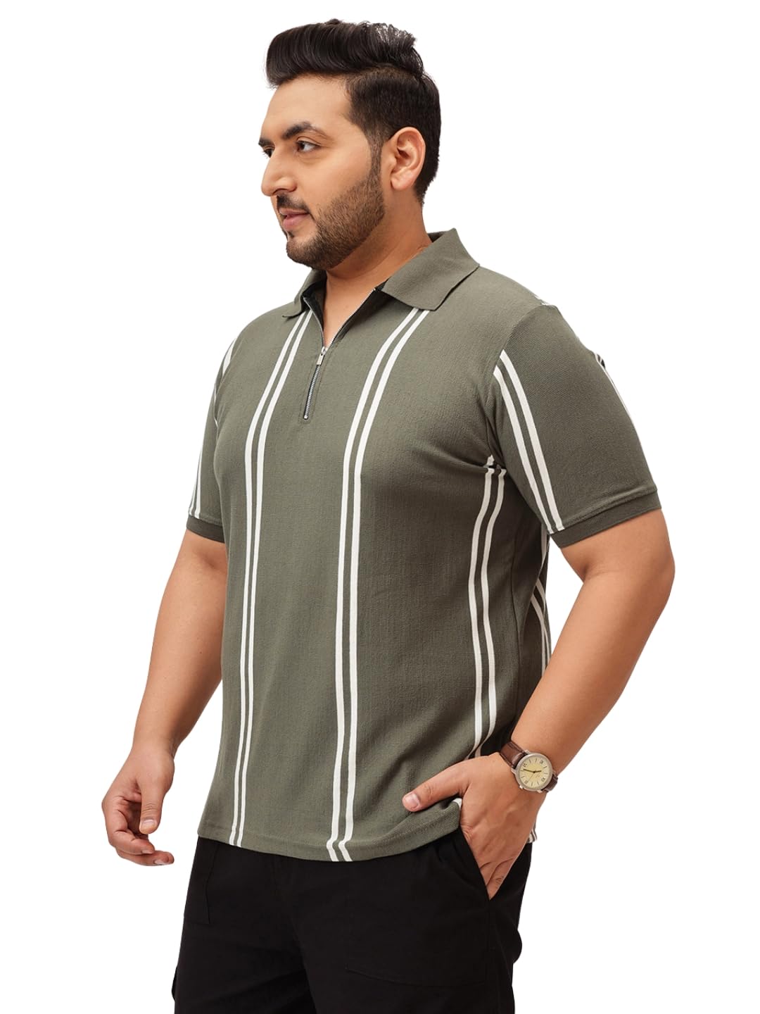 unstd Men Plus Size Zipper Polo T-Shirt | Pure Cotton Striped Half Sleeve Polo for Men | Big & Tall Regular Fit Casual Wear-picture-13