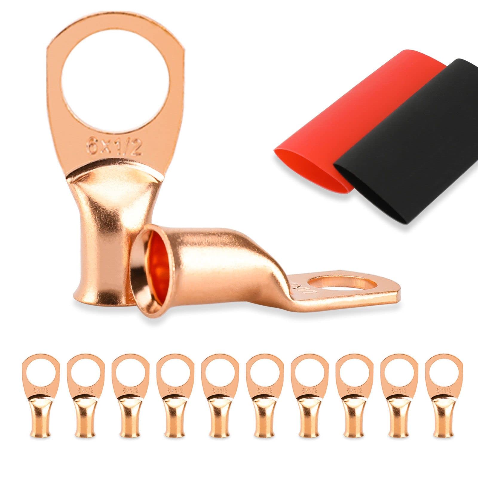 Photo 1 of 10PCS Battery Cable Ends, 6 Gauge Wire Connectors 1/2 Copper Wire Lugs, Bare Copper Eyelets with Heat Shrink Tubing by HOUSUN