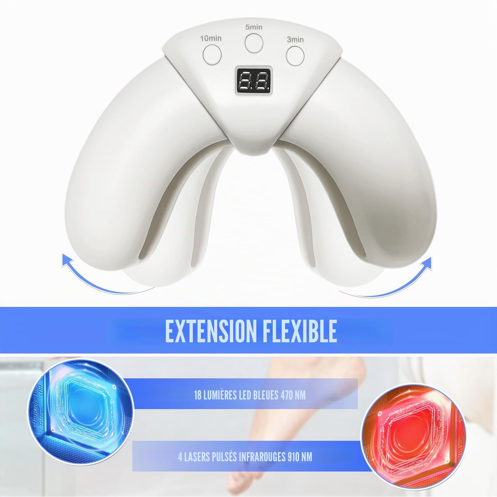 Appareil de traitement laser contre les champignons des ongles - 22 LED - Rechargeable - 470 nm - 910 nm - Haute efficacité - Pour ongles des doigts et des pieds (Gris et blanc)