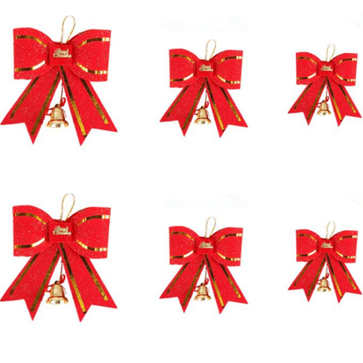 Set of 6 Merry Christmas Decorative Red Bow Tie with Bell for Christmas Xmas Tree Ornament Wreath Garland