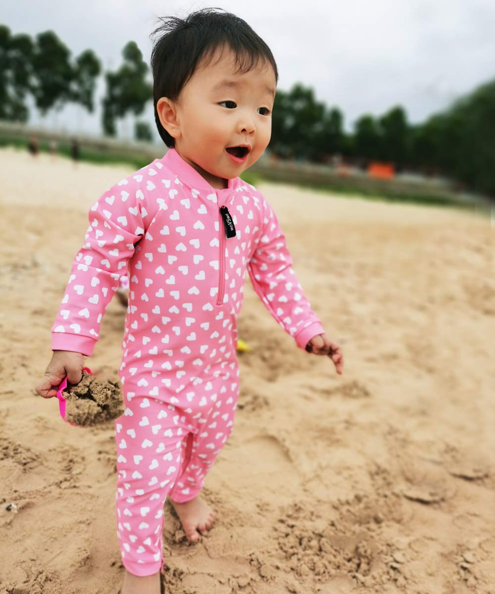 weVSwe Baby Toddler Sun Protection Rash Guard One Piece Pink Heart Girls Swimsuit Crotch Zipper for Easy Diaper Changes Newborn