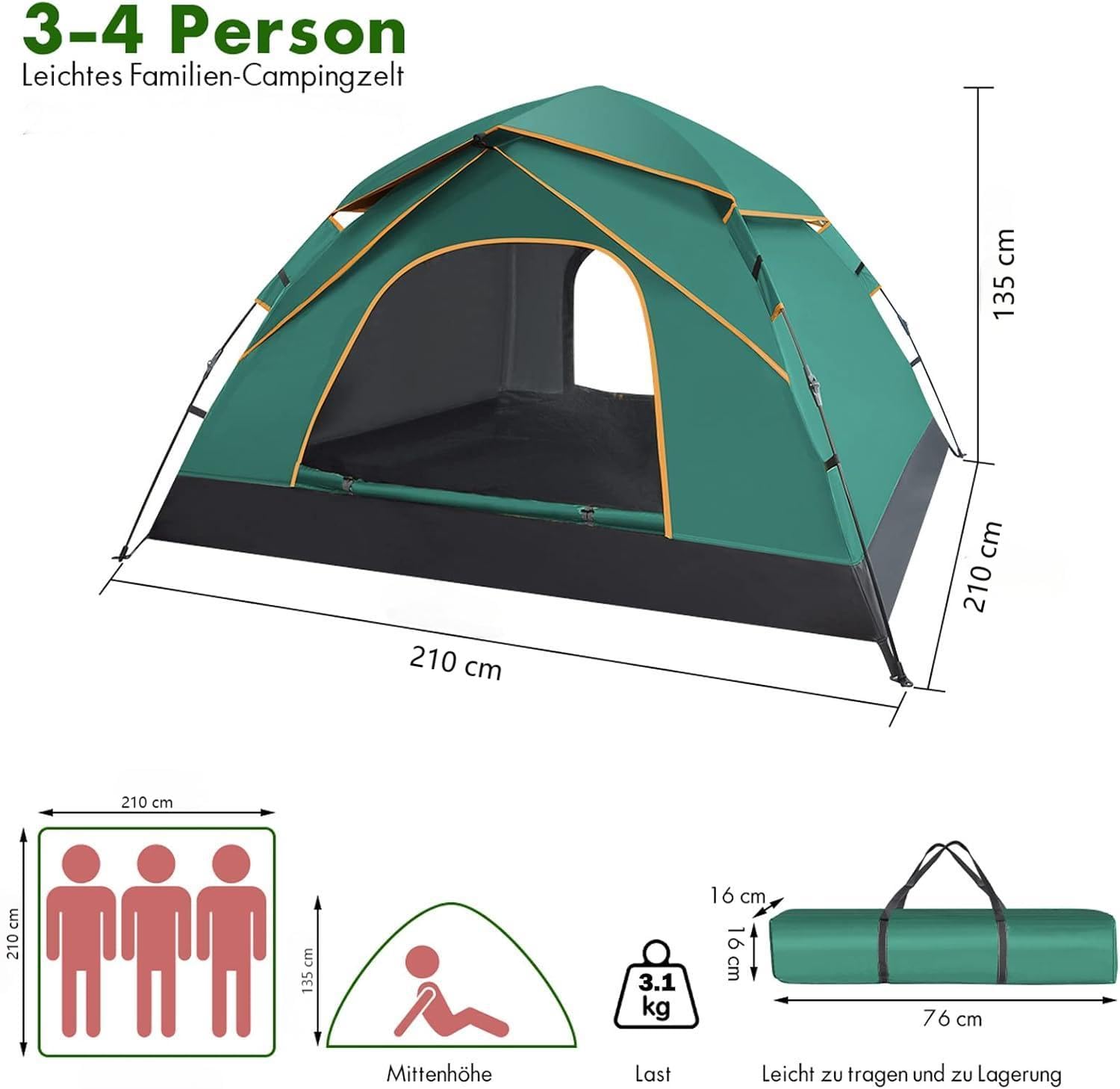 Camping Zelt 2-3 Personen, Automatisches Pop Up Kuppelzelt mit Doppel-Türen, Wasserdicht & Winddicht, 3-4 Saison Zelt Outdoor Zelt für Familie, Trekking und Camping, Waldgrün