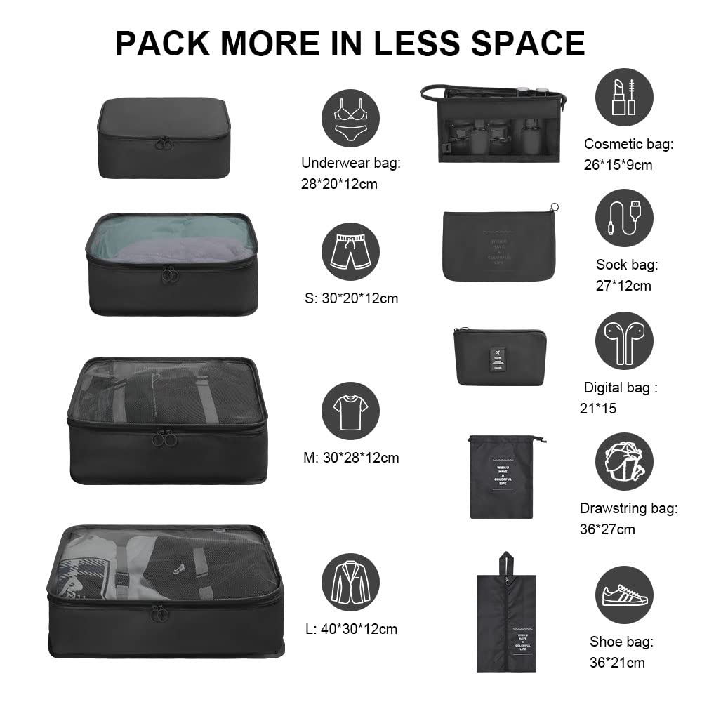 OSDUE Organizer Valigia, 9 Pezzi Sistema di Cubo di Viaggio, Separatori Buste Viaggio Travel Organizer, Abbigliamento Intimo Calzature Organizzatori Sacchi Valigia di Stoccaggio Set Nero