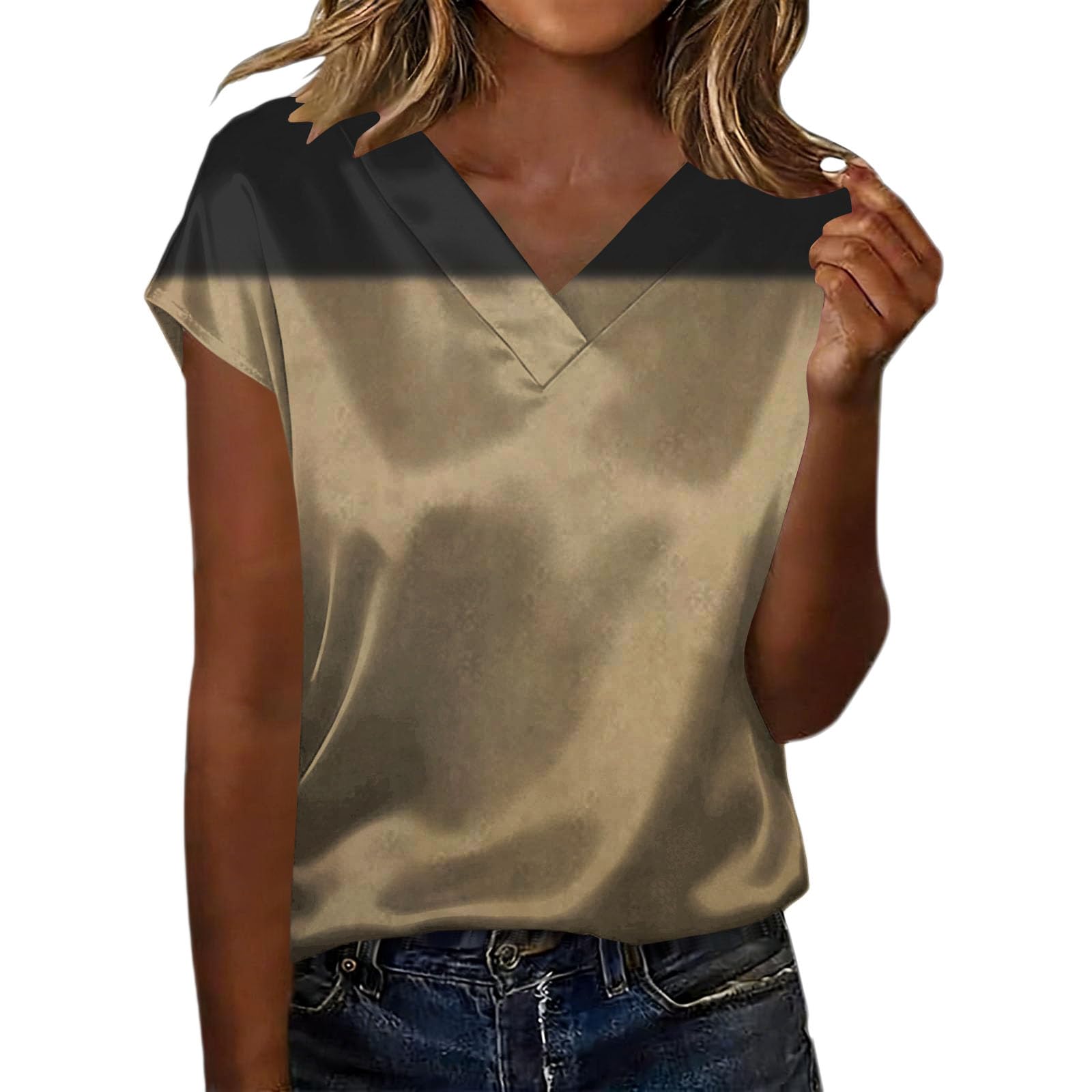 Leaomuny Camicia Donna Elegante Manica Corta,Camicie Raso Scollo a V Cerimonia,Curvy Blusa Estiva Oversize Eleganti Fantasia,Camicetta Slim Fit Leggera Vintage,Maglietta Casual Lavoro Ufficio T Shirt