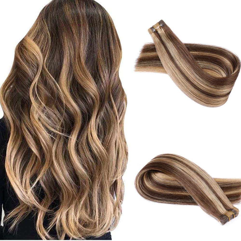 Ombre Tape in Hair Extensions, Tape in Hair Extensions Human Hair 18 Inch Balayage Dark Brown to Bleach Blonde Highlighted Straight Seamless Glue in