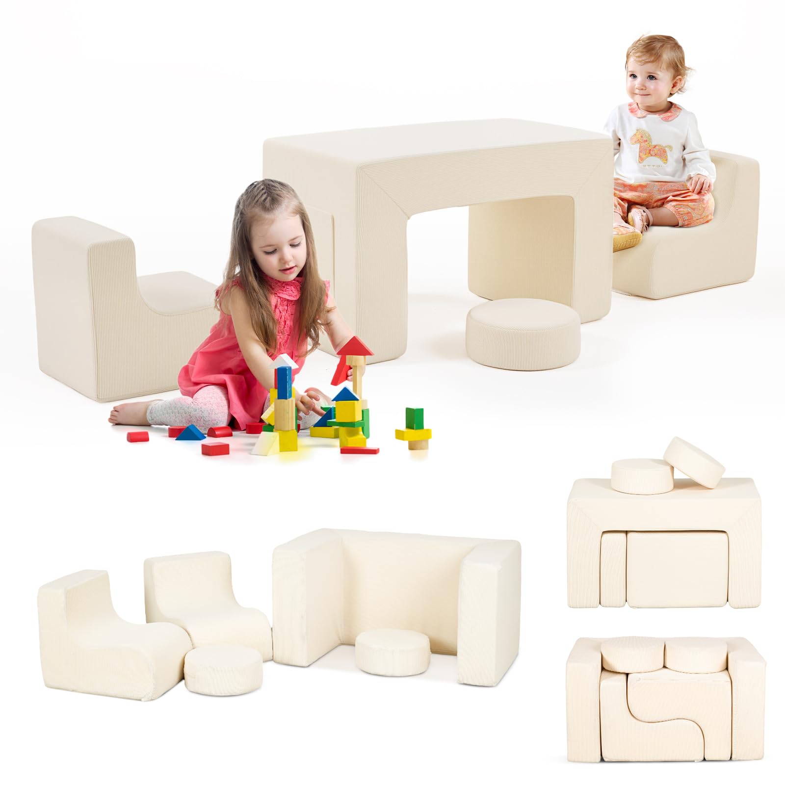 JOYMOR Modular Kids Play Couch, 6PCS Convertible Corduroy Foam Sofa Set, DIY Building Fort for Toddlers, Soft Kids Furniture for Playroom, Bedroom, Gift for Boys &amp; Girls, White
