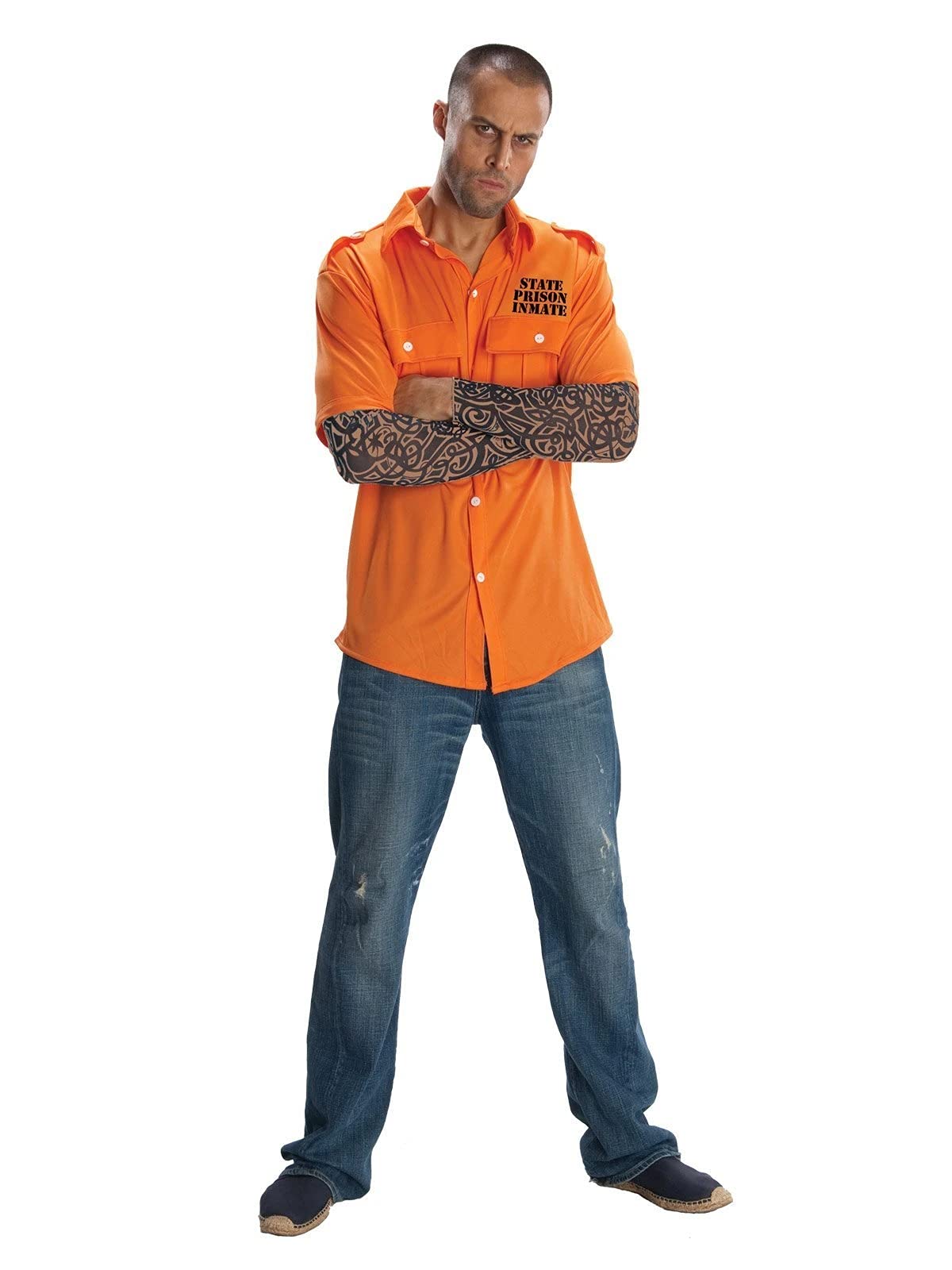 Rubies Costume Prisoner Shirt with Tattoo Sleeves Costume, Orange/Evening Red in Sunset Chevron Pattern, One Size - Image 2