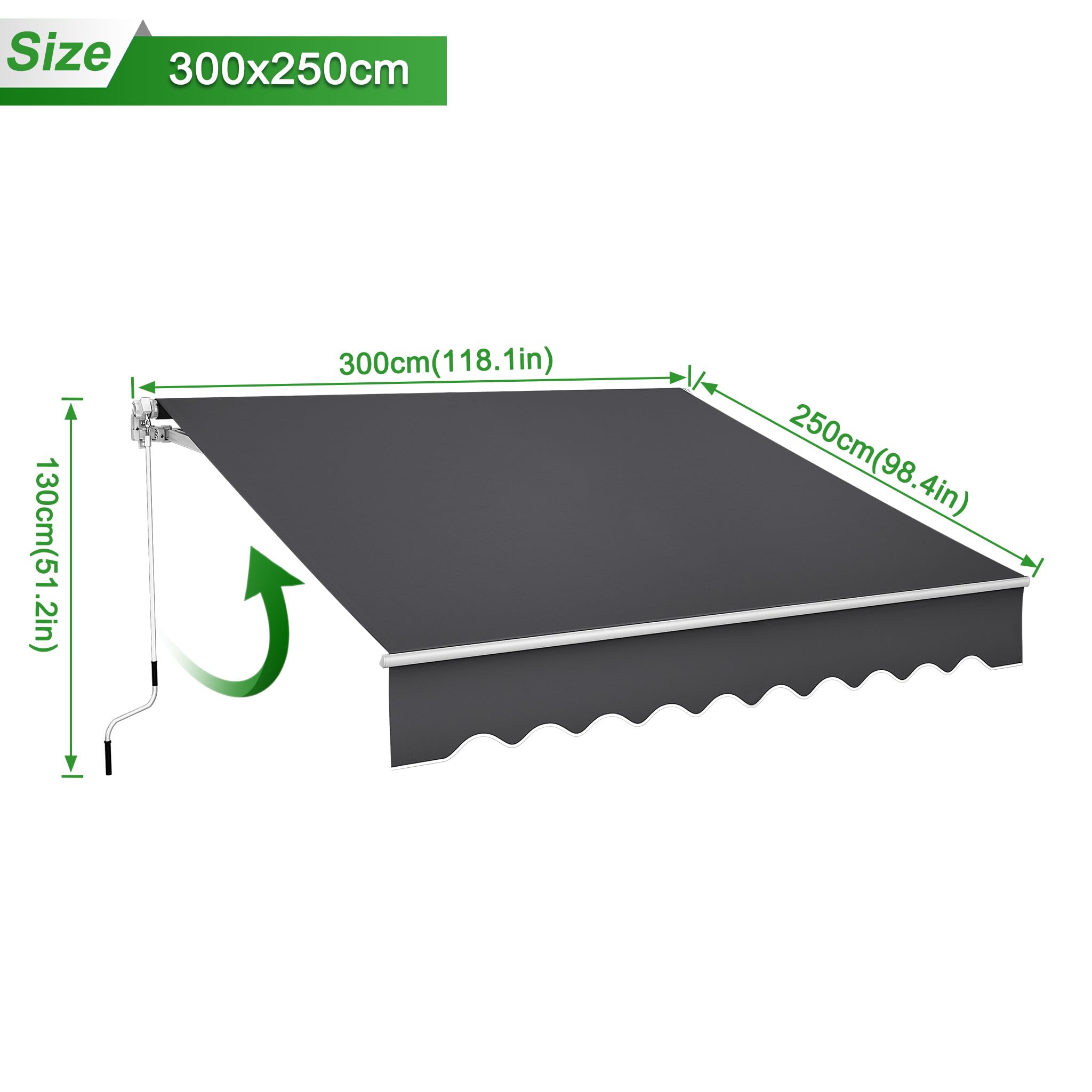 YRHome Markiza z przegubowym ramieniem, aluminiowa markiza zaciskowa, markiza przeciwsłoneczna, ochrona przed słońcem, wodoodporna, ochrona przed promieniowaniem UV, z korbą ręczną, na taras, balkon, ciemnoszara (300 x 250 cm)