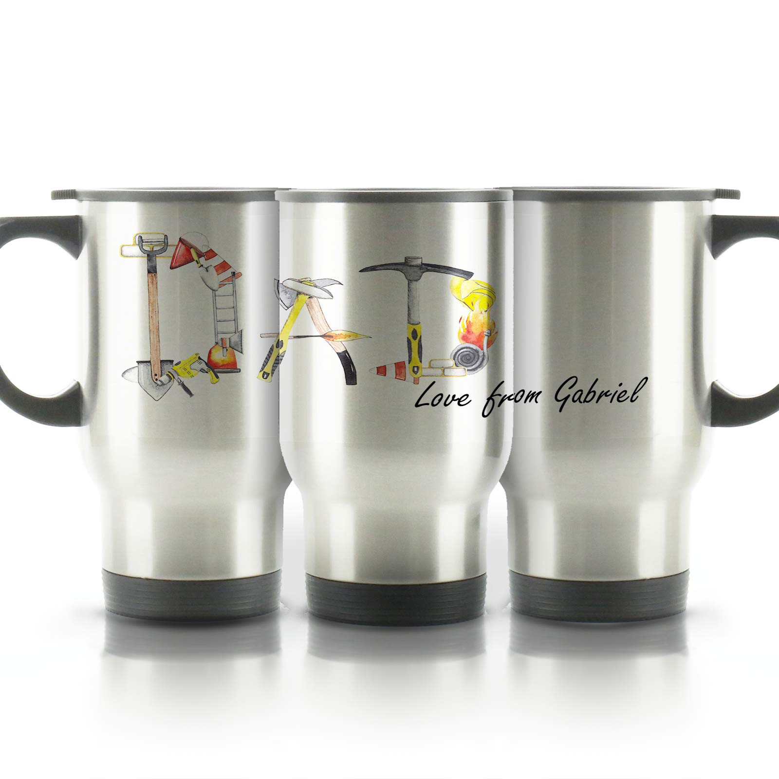 Hairyworm Personalised Travel Mug, 400ml Silver Stainless Steel Travel Mug with Handle, Customised with Initial/Name, Dad Tools Design Print