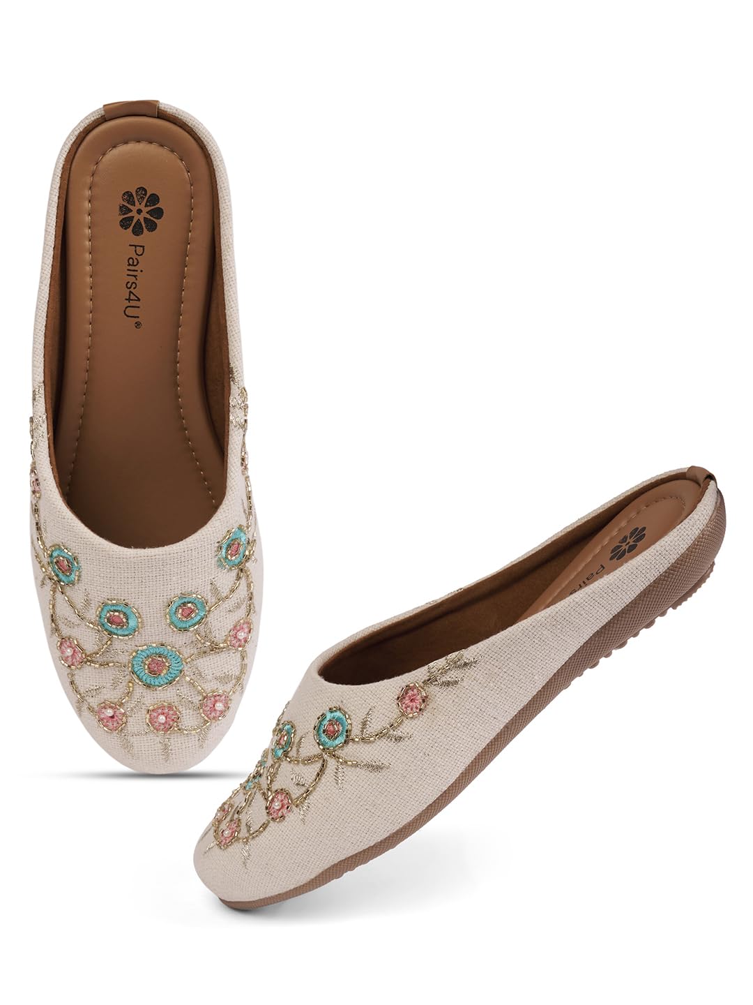 Women's Cream Ethnic Embroidered Slip-On Mojari Mules | Traditional Juttis for Casual Wear-PRMJ166-KHD-38
