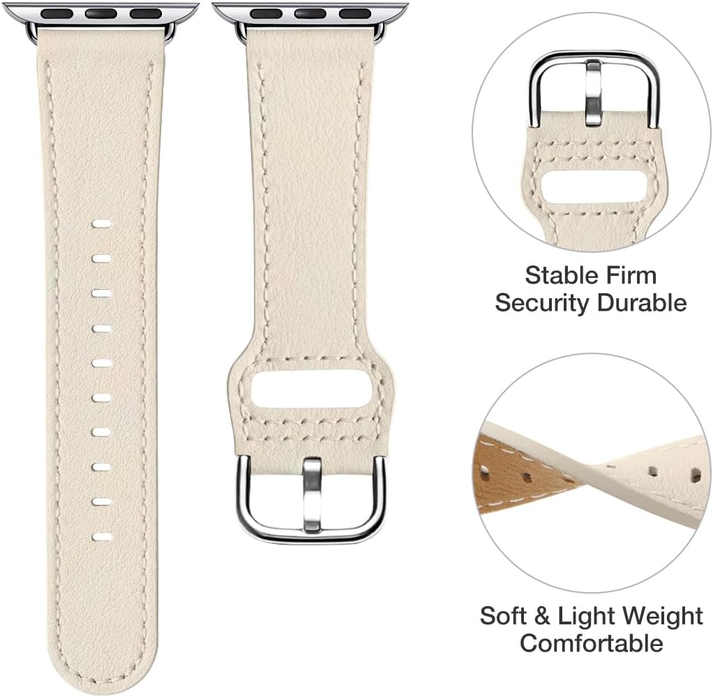 POWER PRIMACY Leather Bands Compatible with Apple Watch Band 38mm 40mm 41mm 42mm-Series 11/10,Genuine Leather Strap Compatible for Women Men iWatch SE Series 11 10 9 8 7 6 5 4 3 2 1(Ivory white/Silve) - Image 2