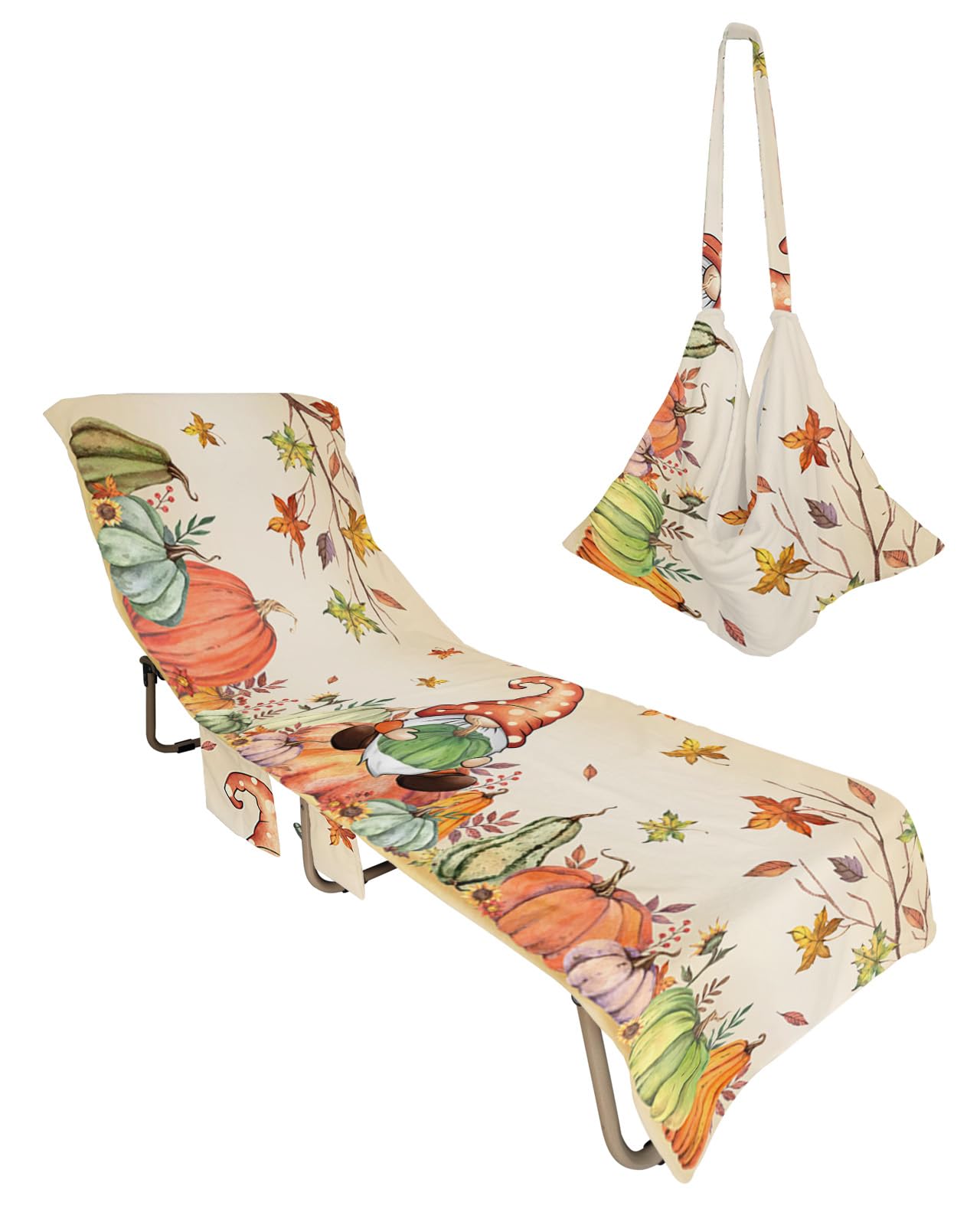 Boho Gnomes Pumpkin, Beach Lounge Chair Towel Cover, Soft Chaise Lounge Towel with Side Pockets Patio Pool Chairs Cover for Beach/Pool Sunbathing 29x85 Thanksgiving Fall Harvest Autumn Leaf