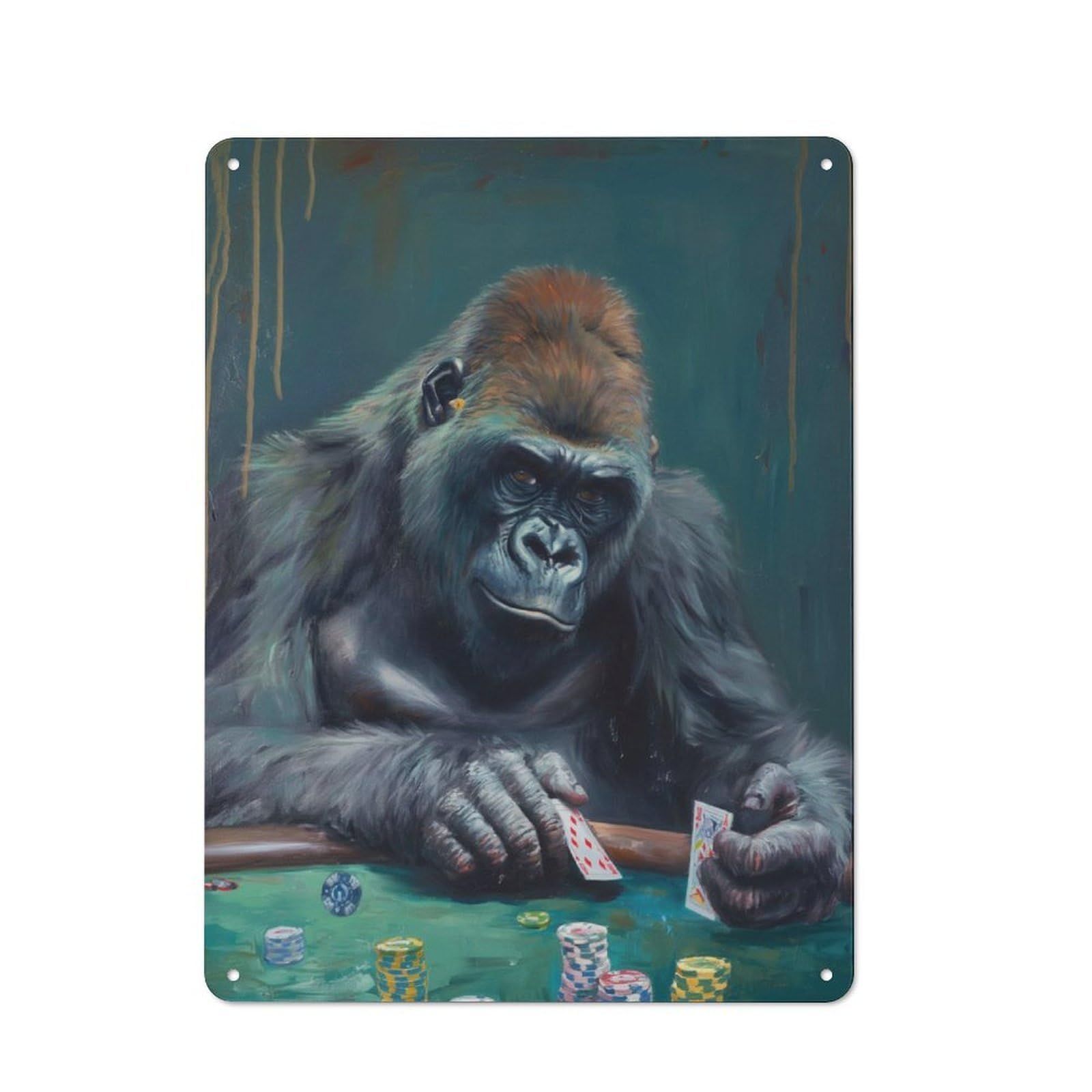 Retro Metal Sign with Gorilla Playing Poker Game Design 40x30cm, Weathered Look Shed Wall Plaque for Garage, Workshop, Shed Or Utility Room