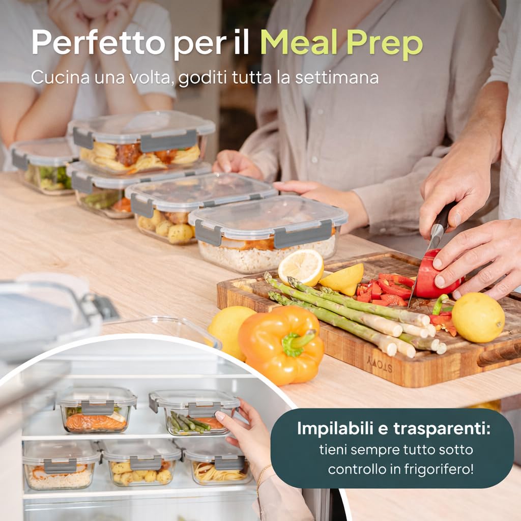 uandu Set di 10 Contenitori Ermetici per Alimenti in Vetro Borosilicato con Coperchio, Meal Prep, Senza BPA, per Microonde, Forno, Frigo, Freezer e Lavastoviglie