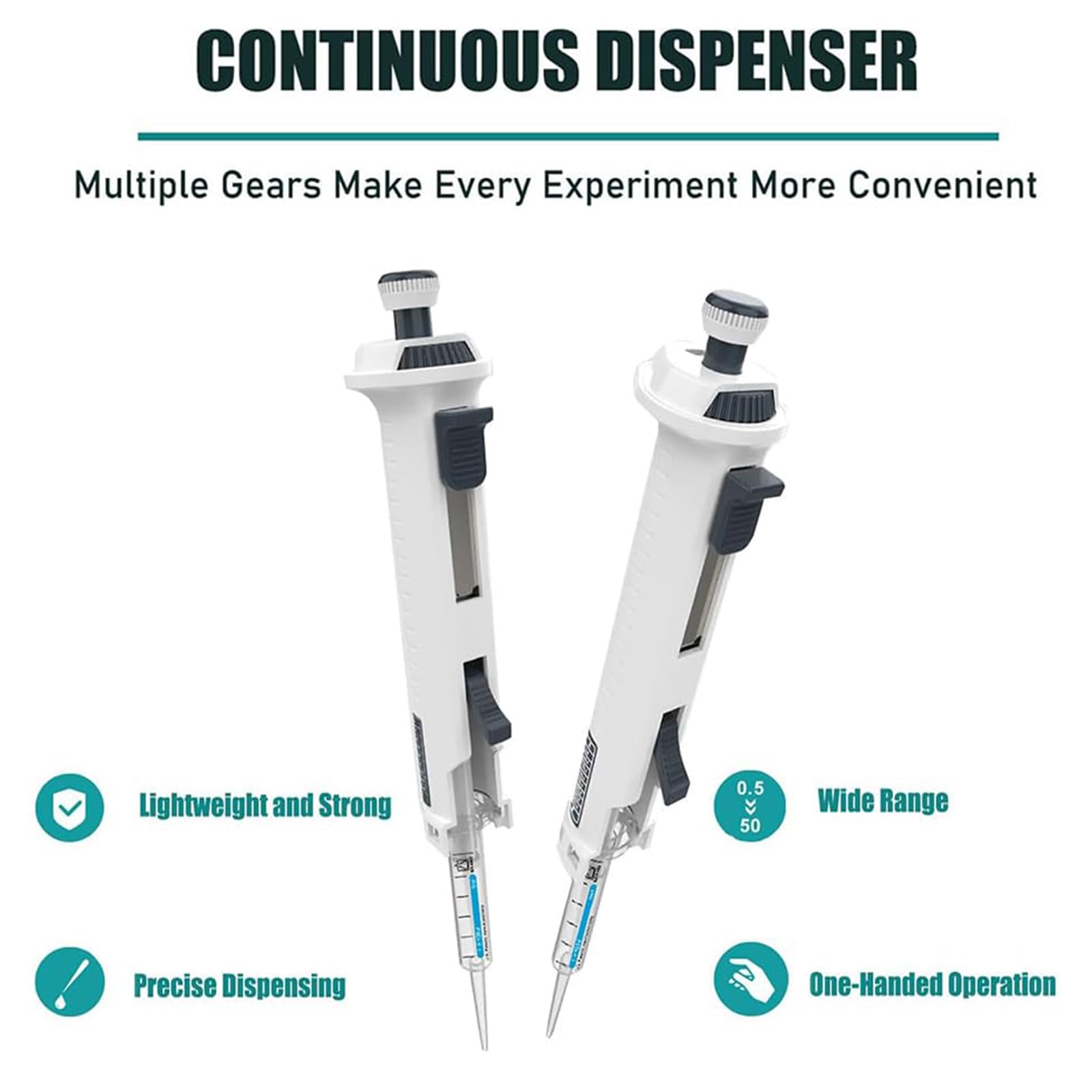 Dispensador de pipetas de un solo canal de alta precisión con paso de 5 engranajes para 0,5 ml a 50 ml, incluye 5 puntas de pipeta para uso ergonómico en laboratorio