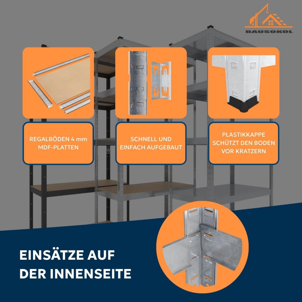 Metallregal 180x60x40 cm Verzinkt – 5 MDF Böden – Tragkraft 875kg – Lagerregal, Werkstattregal, Kellerregal, Schwerlastregal, Steckregal, Kleines Regal