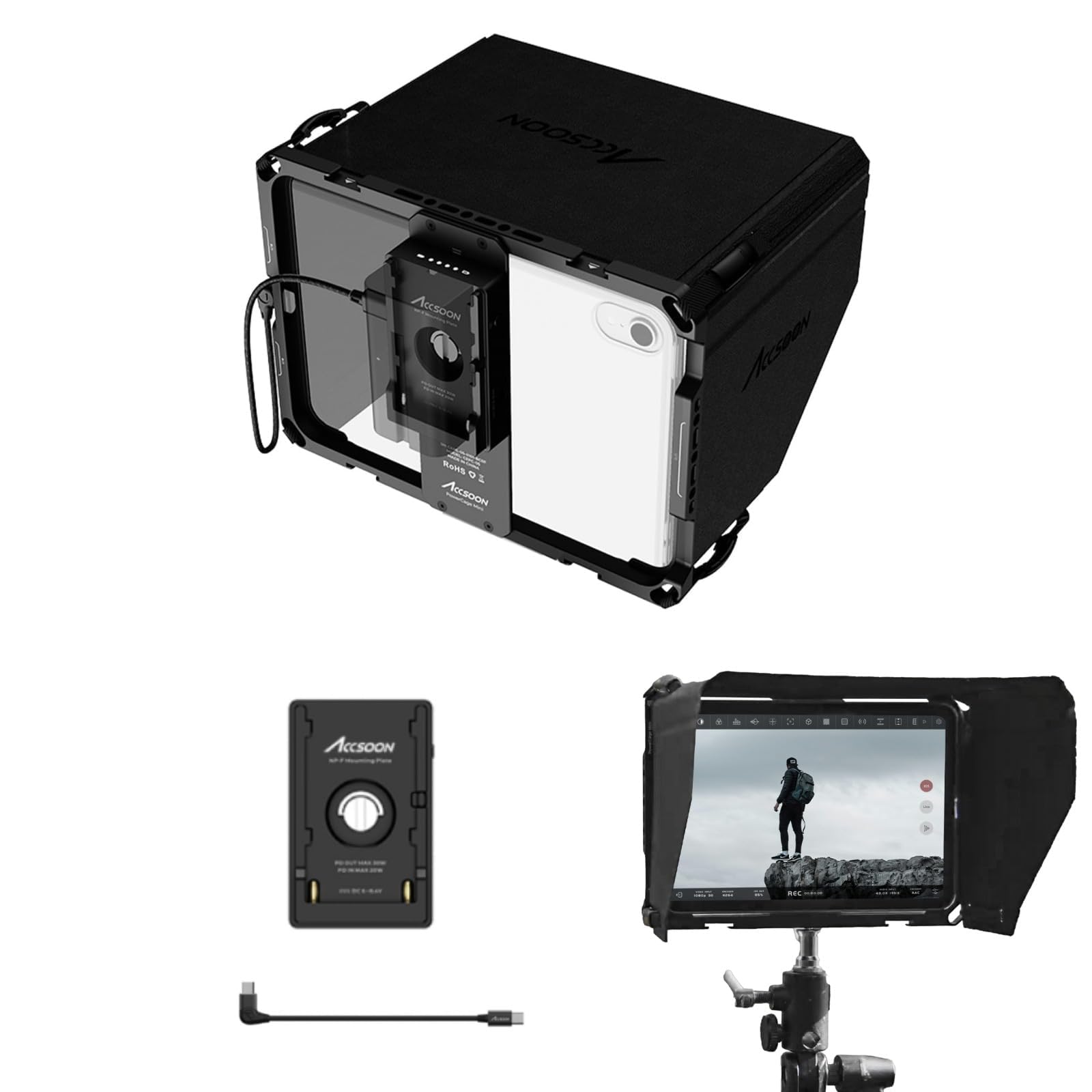 Accsoon PowerCage Mini Compatible con iPad Mini 6 para Monitorización, Funciona con Adaptador De Placa De Batería NP-F, Funda Protectora con Capucha De Sol, Materiales De Aleación De Aluminio