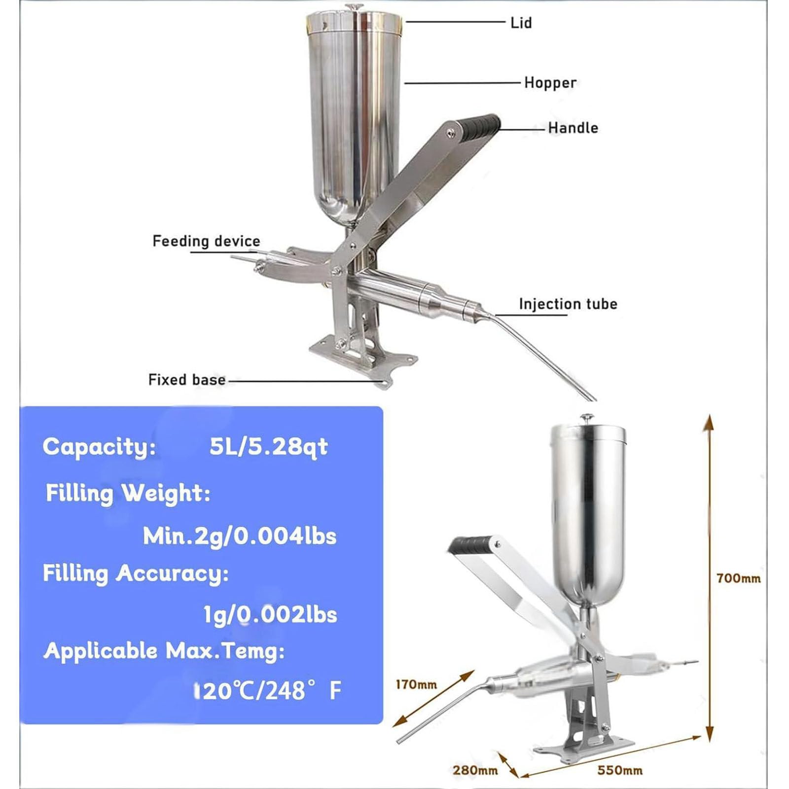 Máquina de llenado de mermeladas, llenado manual de acero inoxidable con 4 boquillas antigoteo para churros, donas y relleno de frutas, capacidad de 5 litros, resistencia al calor de 120 °C