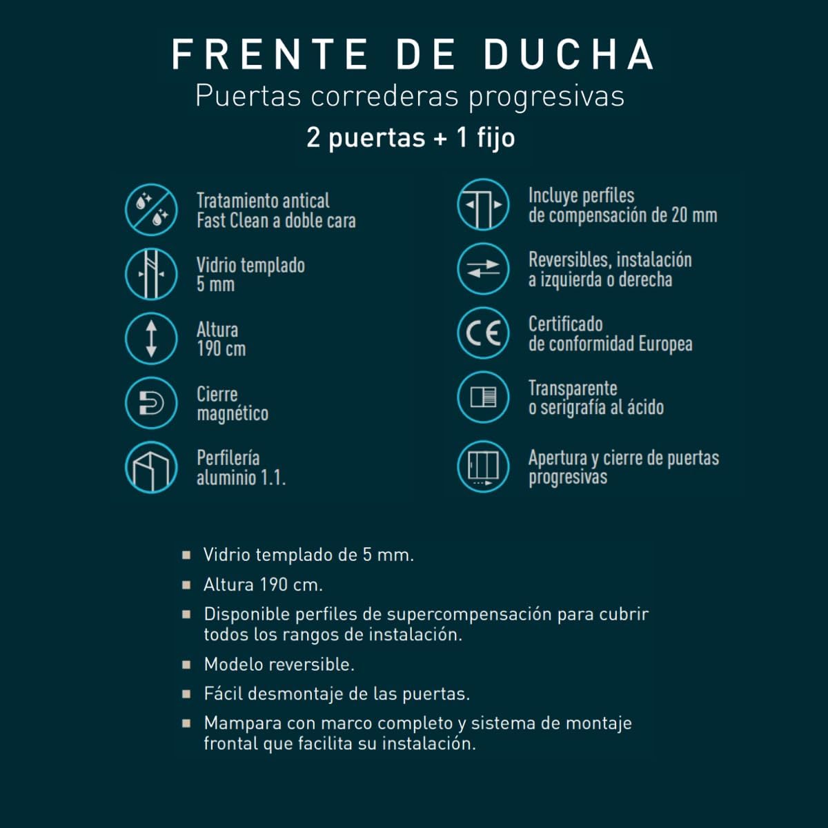 Mampara de Ducha FRONTAL Corredera 3 Hojas Monza– 1 Fijo y 2 Puertas Correderas Serigrafía – Altura 1,90 Metros y Cristal Templado 5mm Espesor 120 cm (Adaptable de 116 a 120cm)