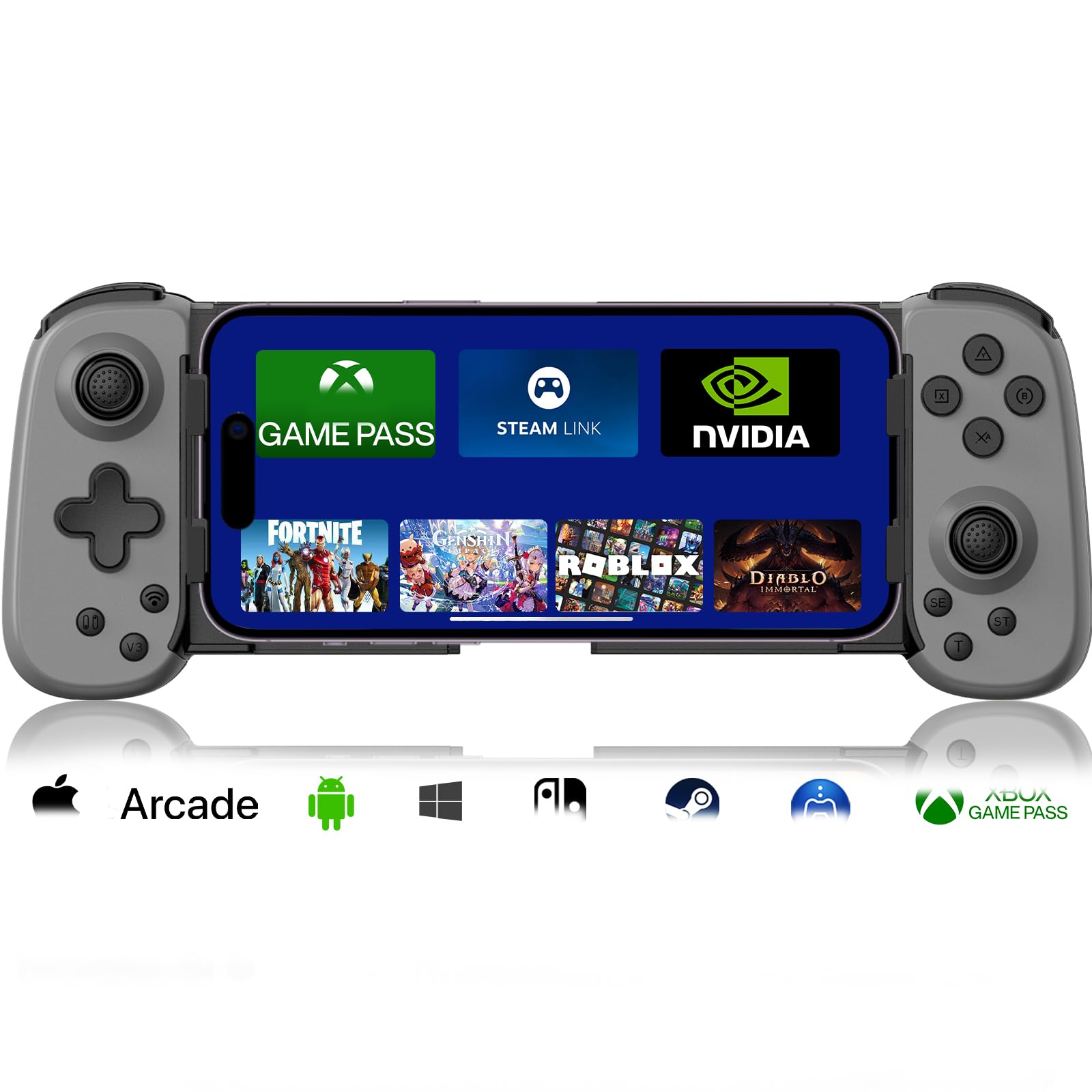arVin Controlador de juegos móvil para iPhone, Android con soporte para funda de teléfono, gamepad inalámbrico para iPhone/iPad/Samsung/Tablet/Switch/PS4/PC - Juega Xbox Cloud Gaming/PS Remote Play